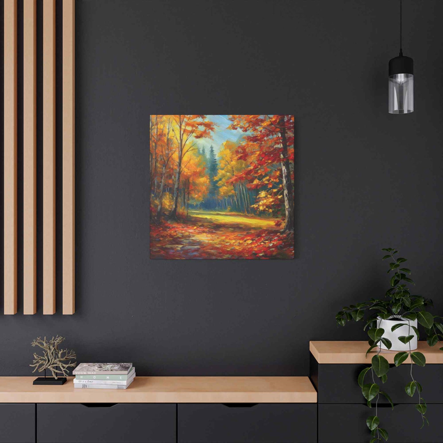 Fall Forest Print Canvas, Oil Paint Print 20x20, 24x24, 30x30, 32x32, 36x36 Art Design Print Pine-Wood Inner Frame MC-100