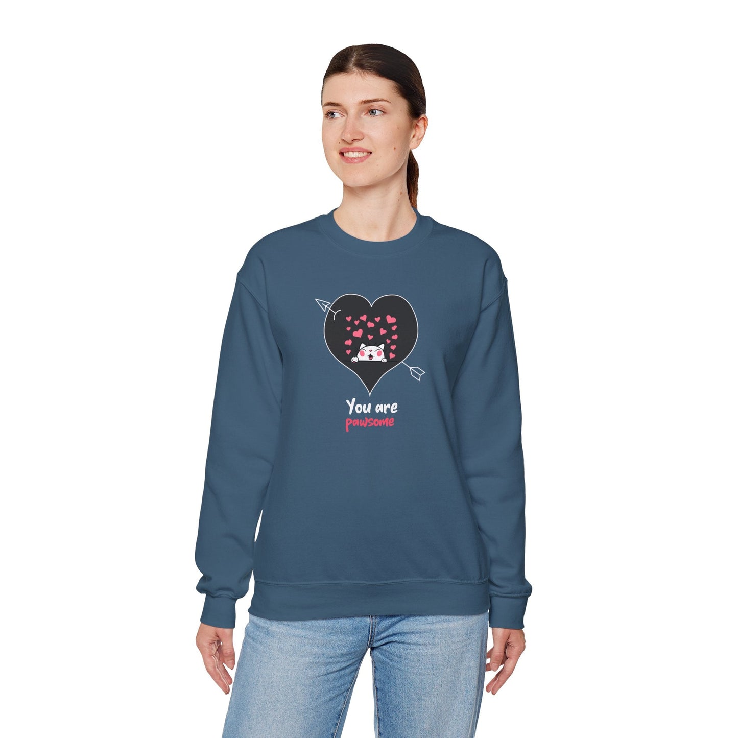 Cat Heart Sweatshirt Valentines Day Fifty Fifty Cotton Poly Unisex Crewneck Gift Idea