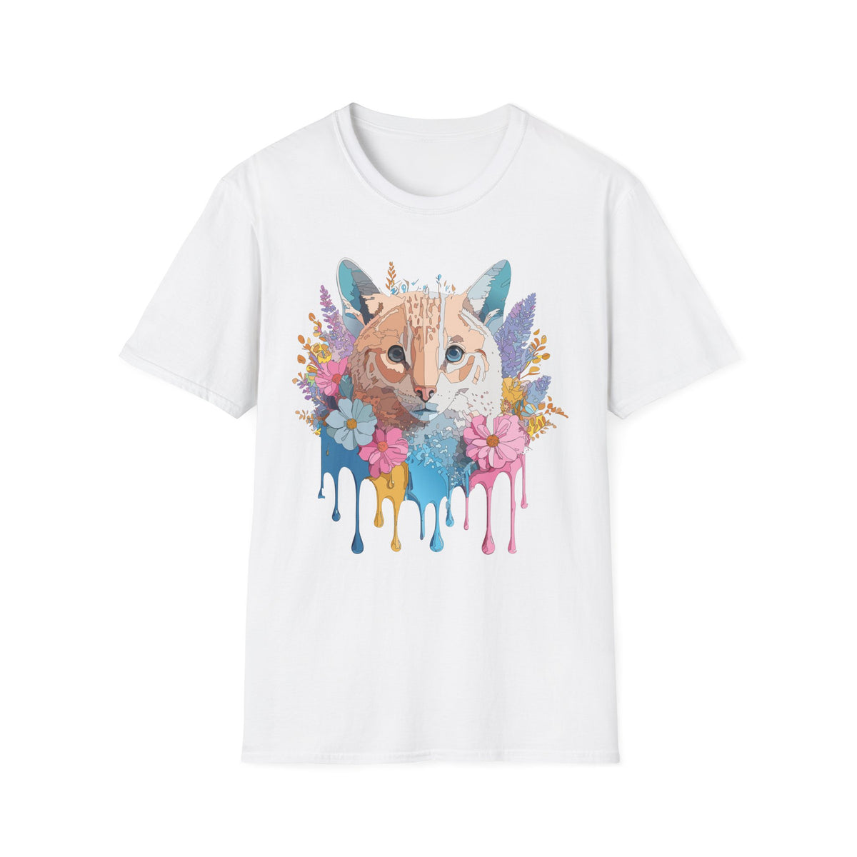 Watercolor Cat Face T-Shirt | Floral Drip Art, Colorful Kitty Tee
