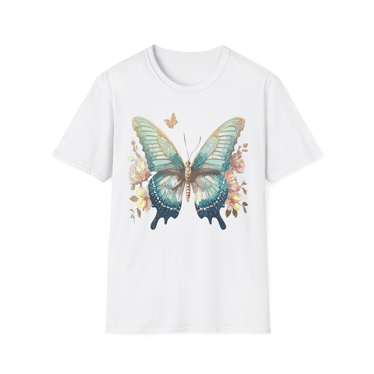 Teal Watercolor Butterfly T-Shirt | Floral Accent, Boho Nature Graphic Tee Unisex 100 Cotton Gildan T-Shirt