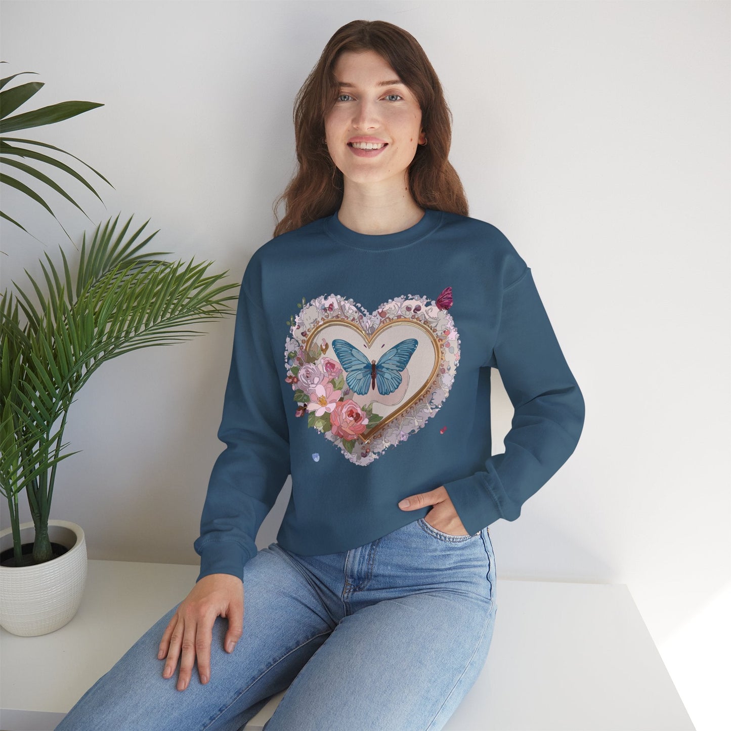 Floral Heart Unisex Crewneck Sweatshirt Valentines Floral Love Gildan 18000 Heavy Blend