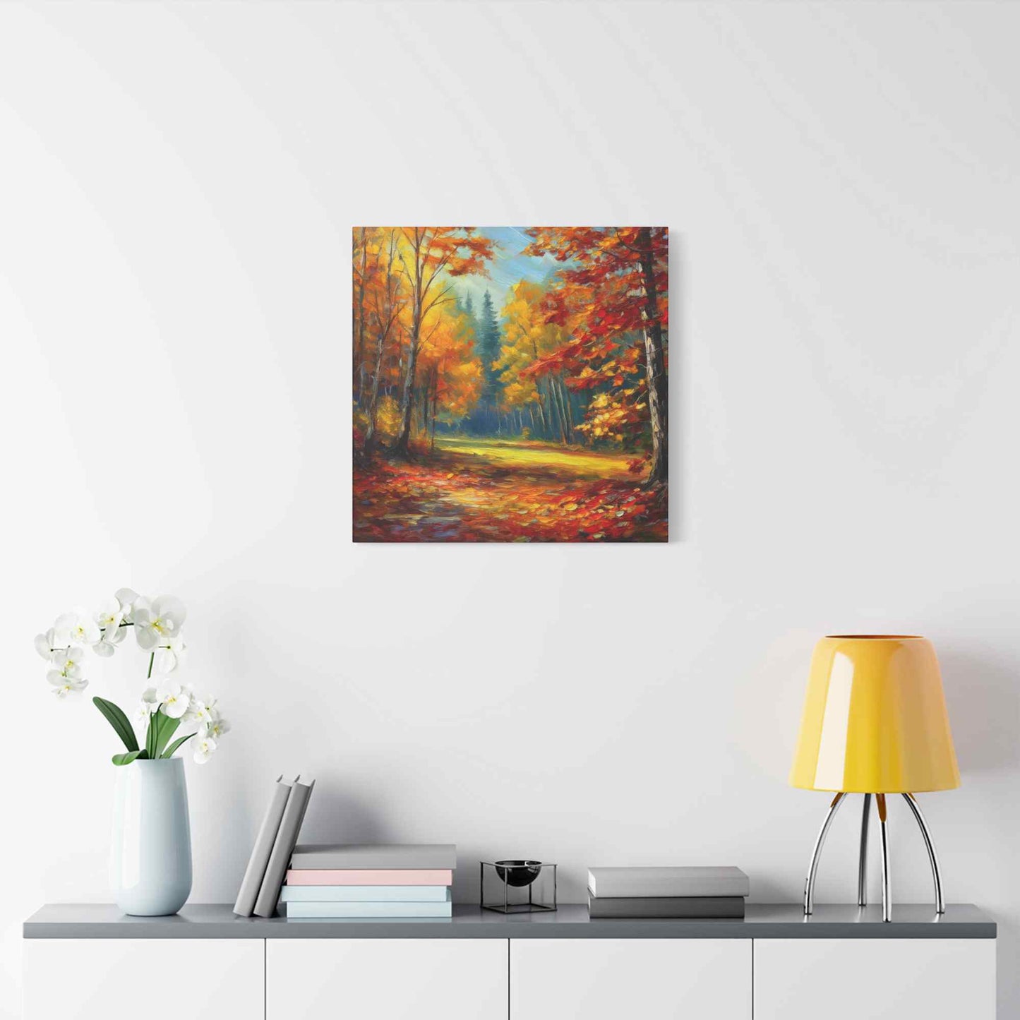 Fall Forest Print Canvas, Oil Paint Print 20x20, 24x24, 30x30, 32x32, 36x36 Art Design Print Pine-Wood Inner Frame MC-100