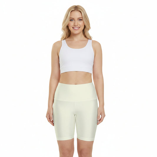 Shell Beige Women's High-Waist Workout Shorts — Solid Light Sage Biker Shorts for Yoga & Training