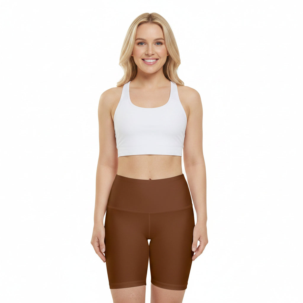 Raw Amber Rust Brown High-Waist Workout Shorts — Comfortable Athletic Biker Shorts