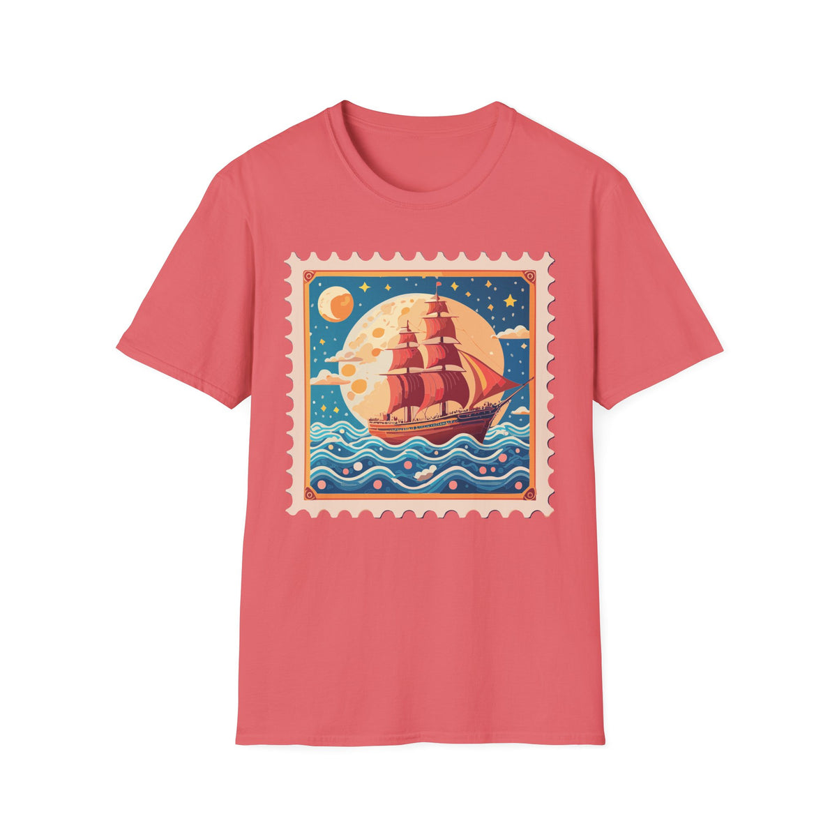 Vintage Sailing Ship Stamp T-Shirt | Retro Moon Ocean Illustration