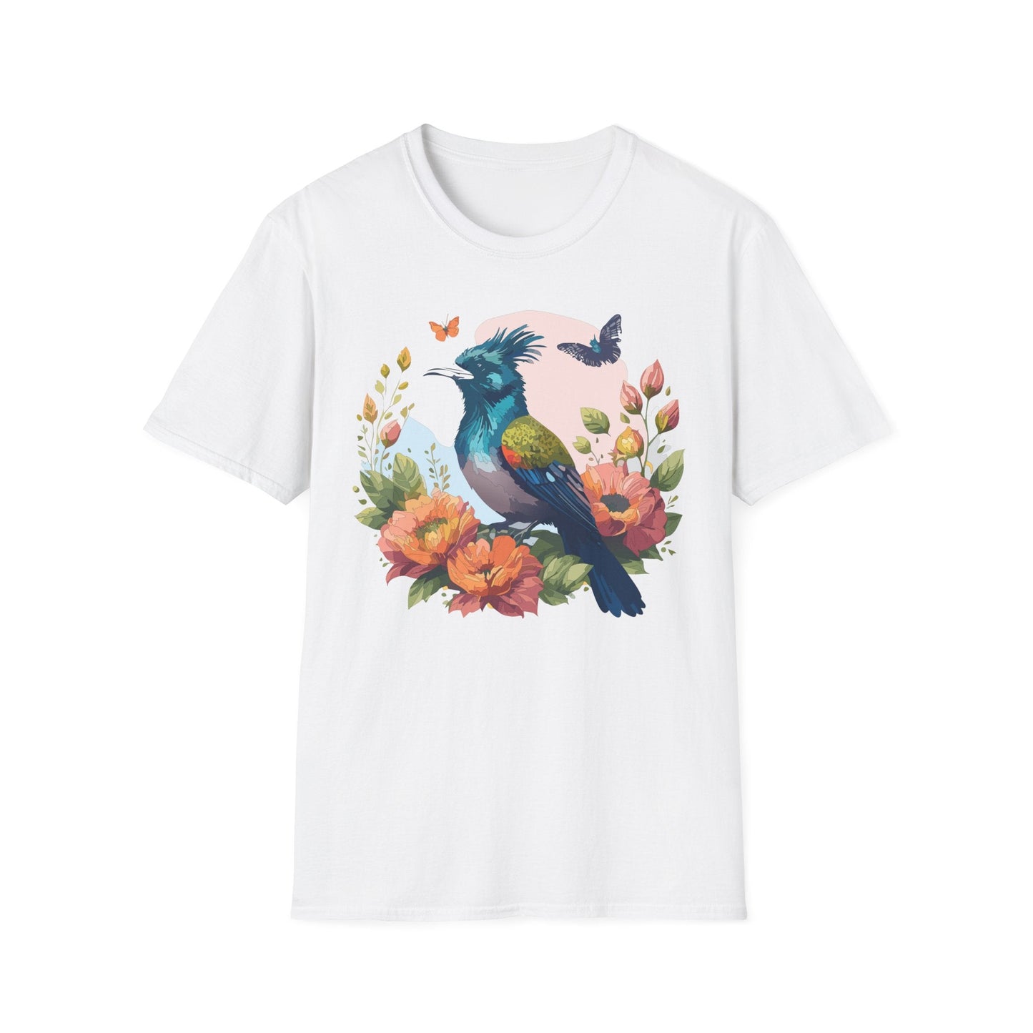 Floral Bird T Shirt Unisex Tee 100 Percent Ring Spun Cotton Softstyle Gildan 64000 Comfort Fit