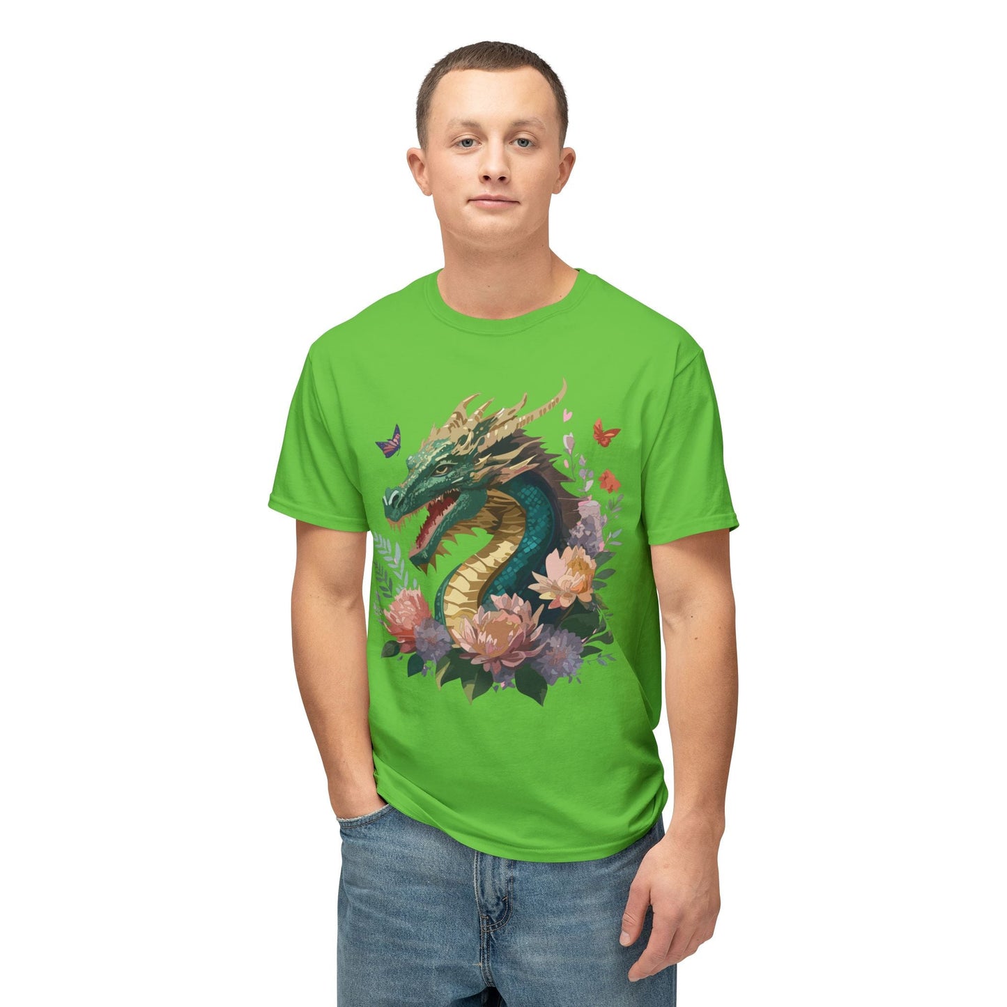 Dragon Art Design Unisex Cotton Tee With Floral Print Artwork And Dragon Graphic
