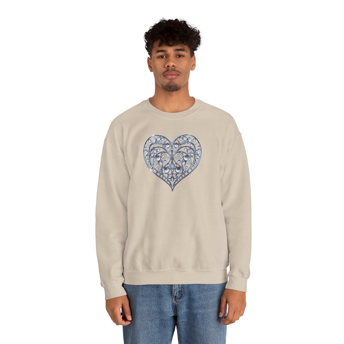Big Crystal Heart Sweatshirt Unisex Fifty Fifty Cotton Poly Crewneck Valentines Day Sweatshirt