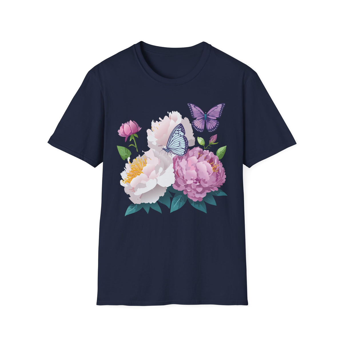 Floral Peonies & Butterflies T-Shirt — pastel garden tee for spring, Mother's Day Graphic Tee Unisex 100 Cotton Gildan T-Shirt