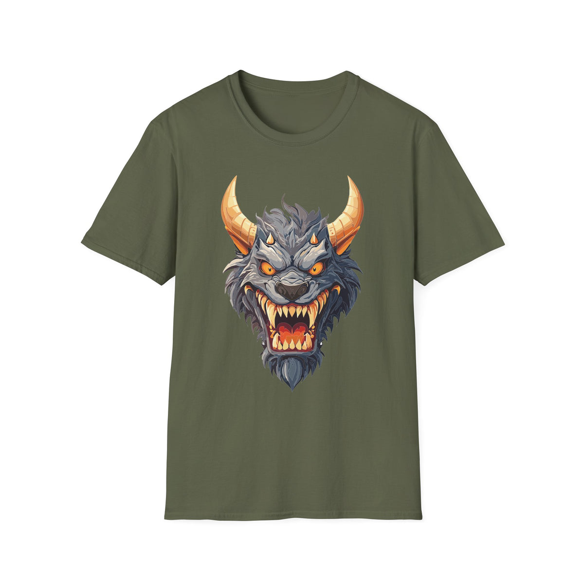 Demonic Beast Head T-Shirt — Horned Monster Cartoon Graphic Tee Unisex 100 Cotton Gildan T-Shirt