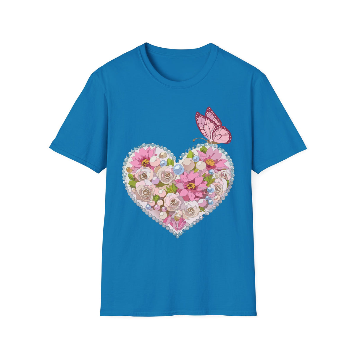 Floral Heart with Butterfly T-Shirt | Pink Flower Heart Graphic Tee Unisex 100 Cotton Gildan T-Shirt