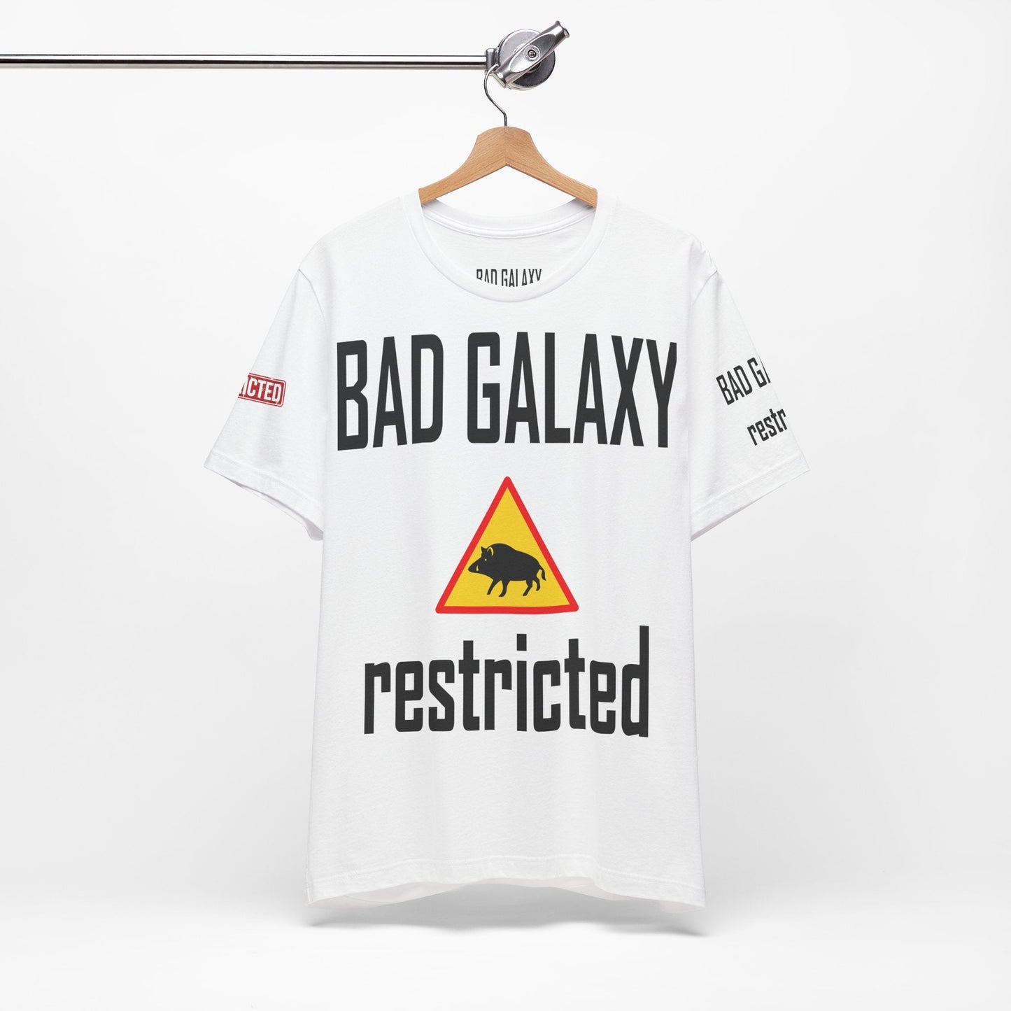 Tee Shirt With Red Stamp Designed And Printed In The USA By Bad Galaxy 100 Percent Cotton
