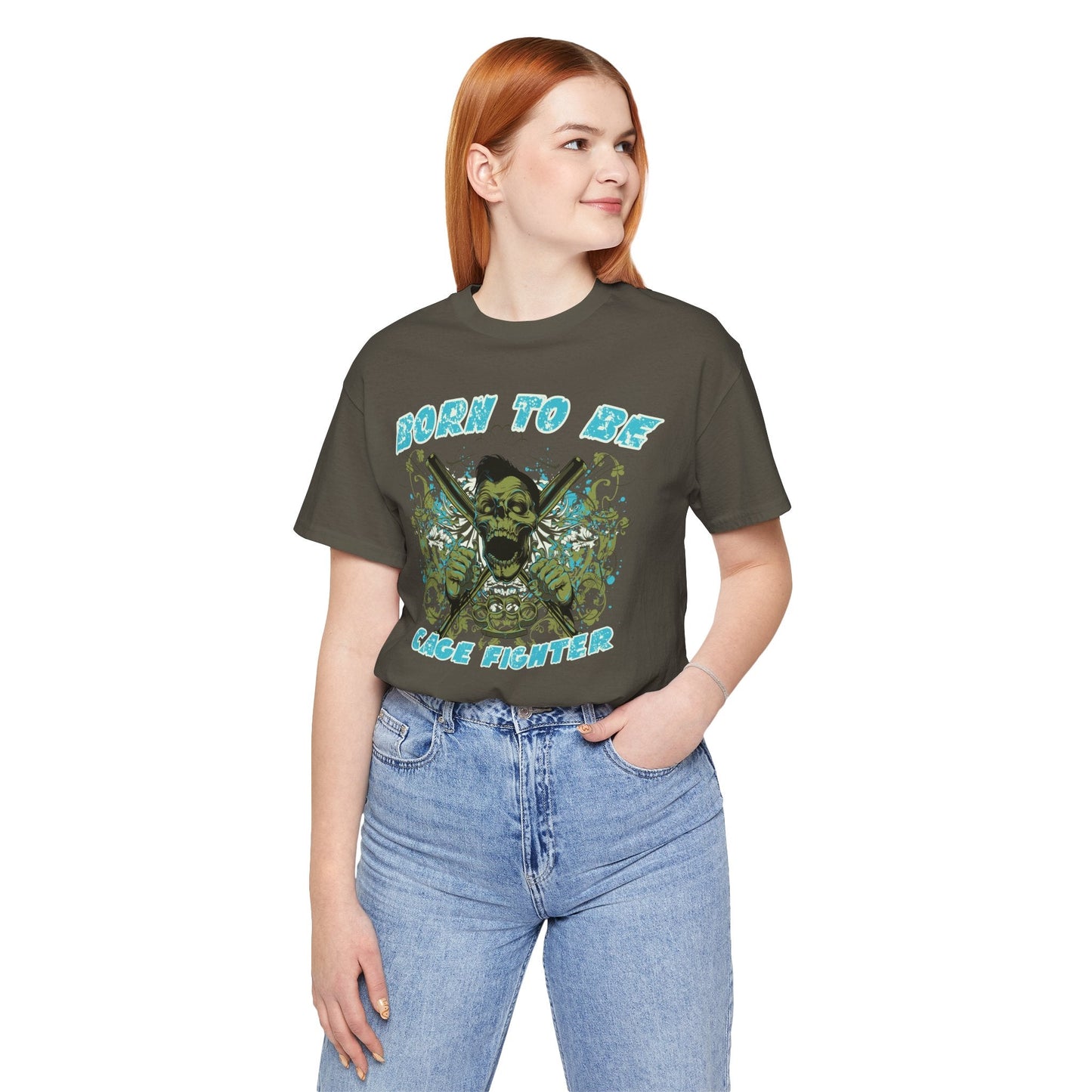 Born To Be Cage Fighter Tee Skull Crossed Knives Graphic T-Shirt