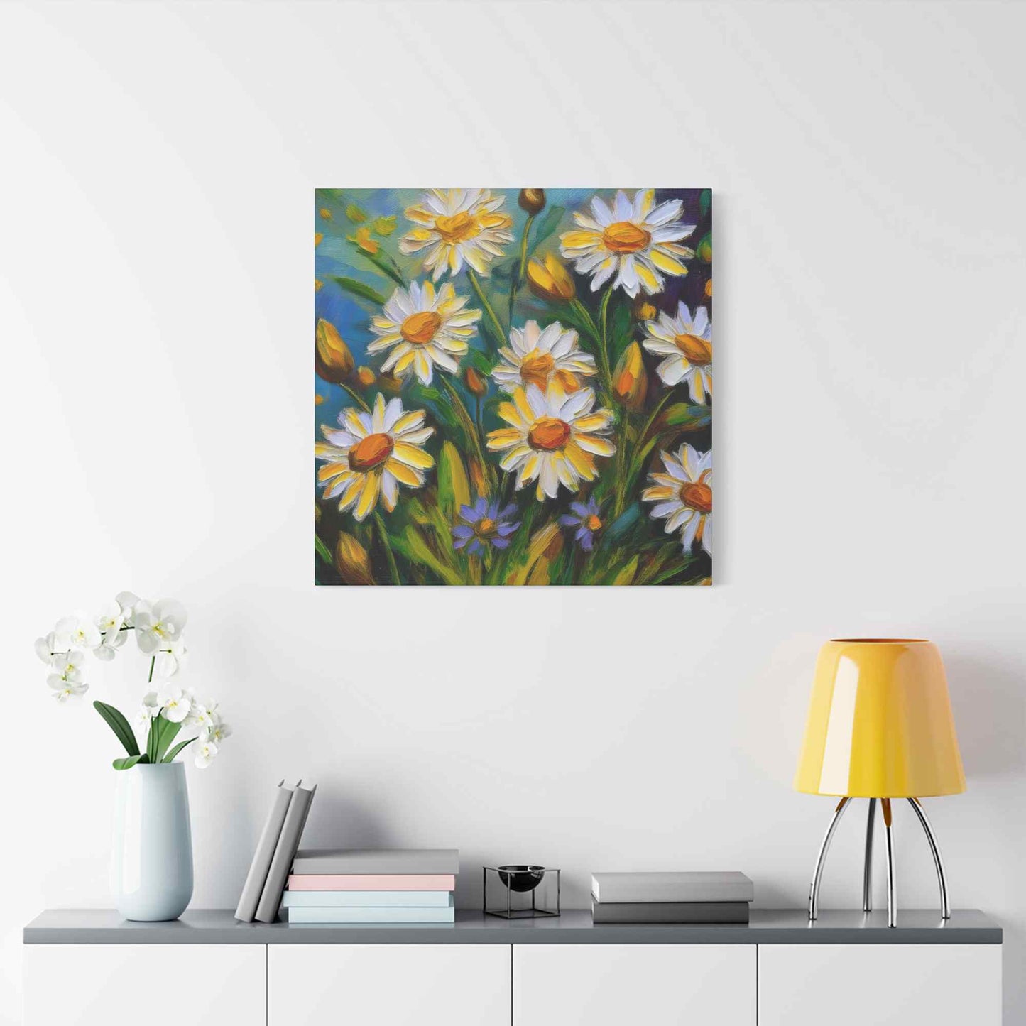 White Daisies Print Canvas, Floral Oil Paint Print 20x20, 24x24, 30x30, 32x32, 36x36 Art Design Pine-Wood Inner Frame MC-127