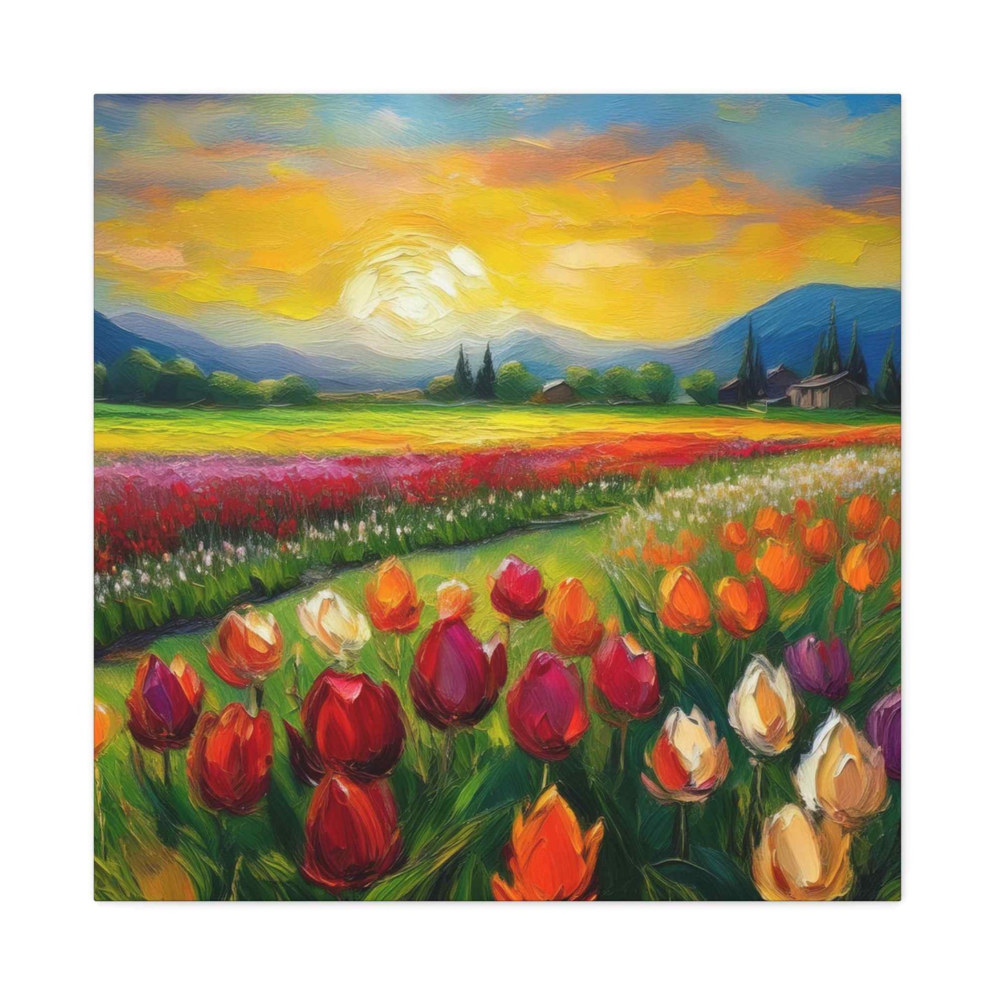Tulips Fields Print Canvas, Floral Oil Paint Print 20x20, 24x24, 30x30, 32x32, 36x36 Art Design Pine-Wood Inner Frame MC-149