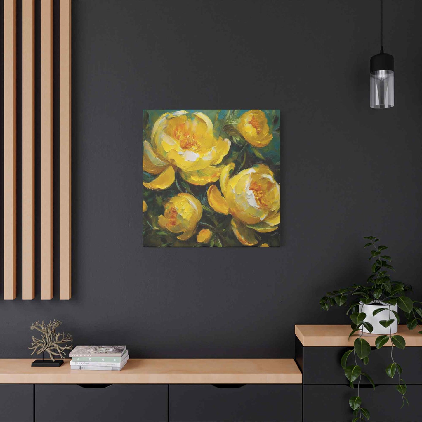 Yellow Peonies Print Canvas, Floral Oil Paint Print 20x20, 24x24, 30x30, 32x32, 36x36 Art Design Pine-Wood Inner Frame MC-122