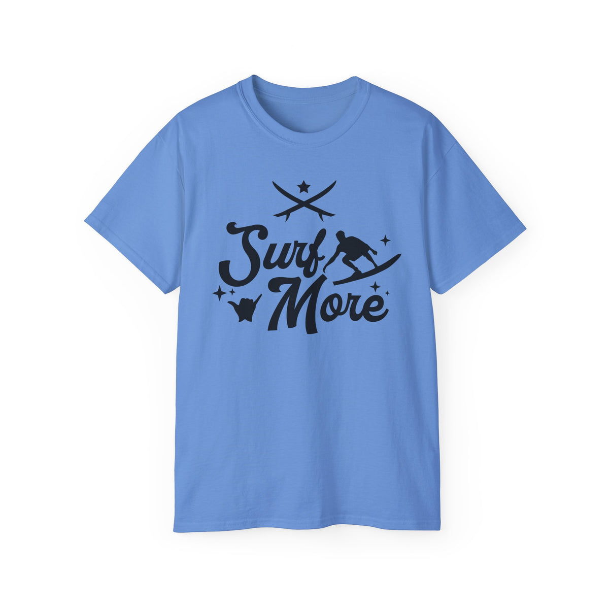 Surf More surfboard graphic Tee | surfer silhouette, waves, retro script