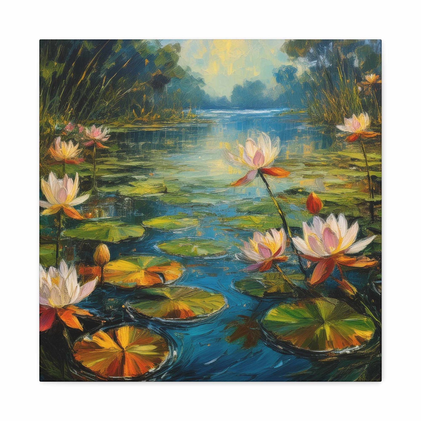 Water Lilies Print Canvas, Oil Paint Print 20x20, 24x24, 30x30, 32x32, 36x36 Art Design Print Pine-Wood Inner Frame MC-62