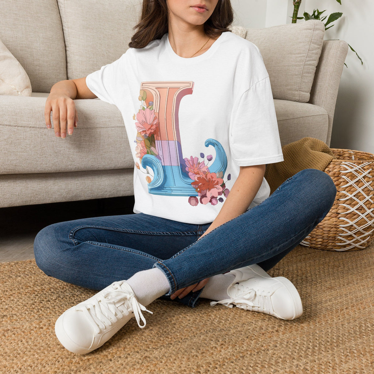 Floral Wave Letter L T-Shirt | Monogram Initial Tee
