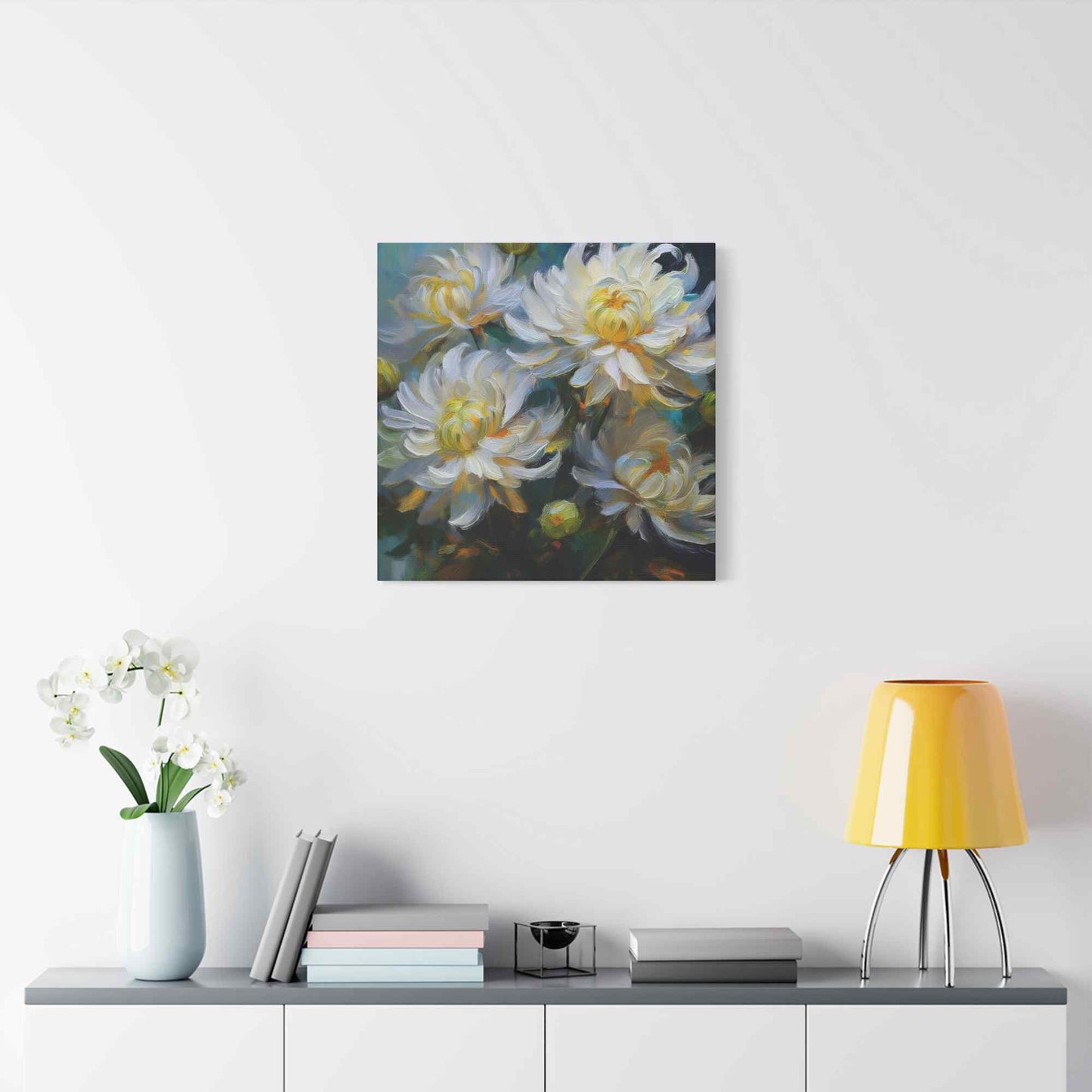 Chrysanthemums Print Canvas, Floral Oil Paint Print 20x20, 24x24, 30x30, 32x32, 36x36 Art Design Pine-Wood Inner Frame MC-159