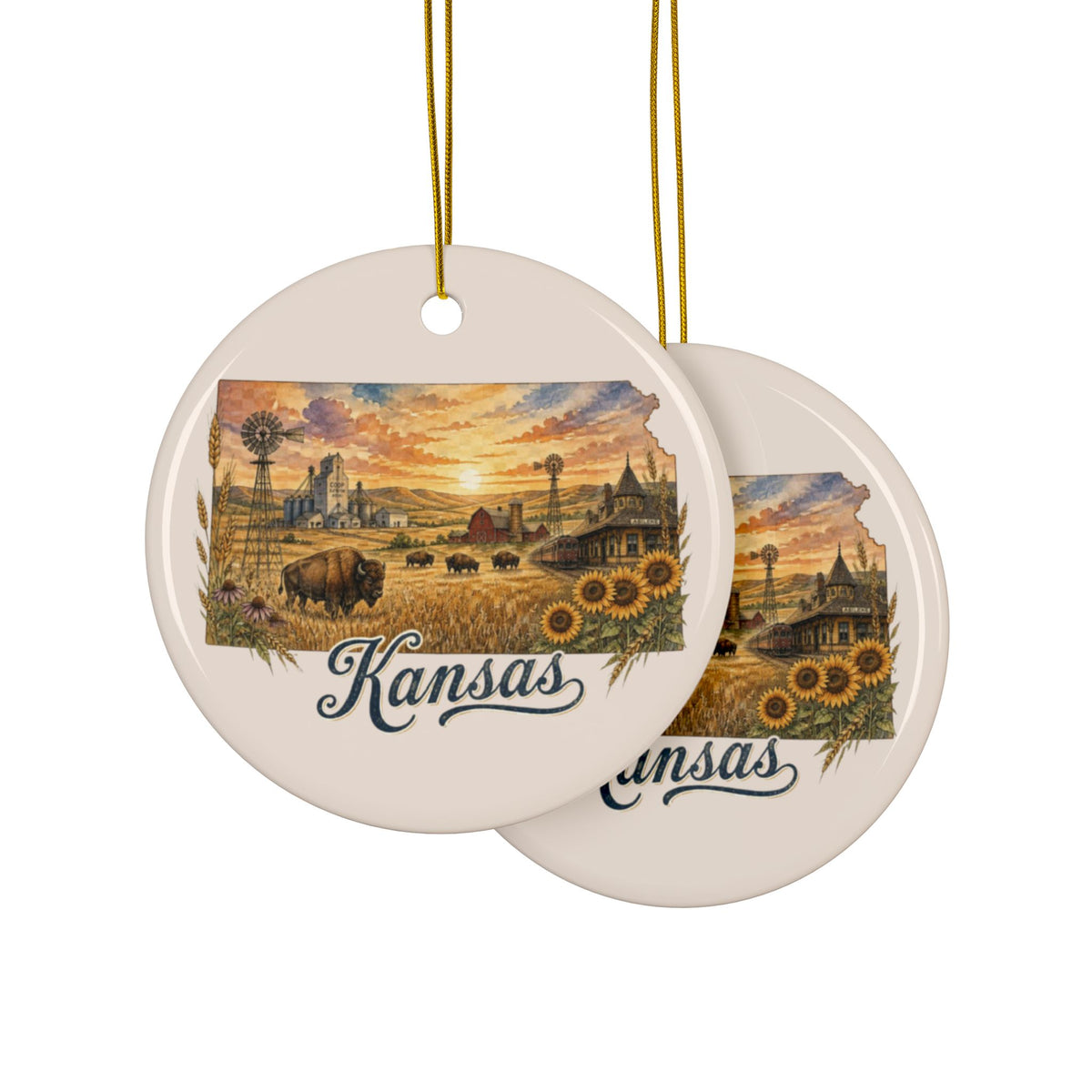 Kansas Vintage Prairie Scene Ceramic Ornament | Round 2-Side Print - 2.99" Includes Gold String