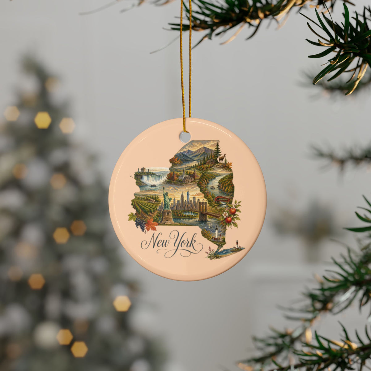 New York State Map Ornament | Ceramic Ornament - 2.99" includes gold string