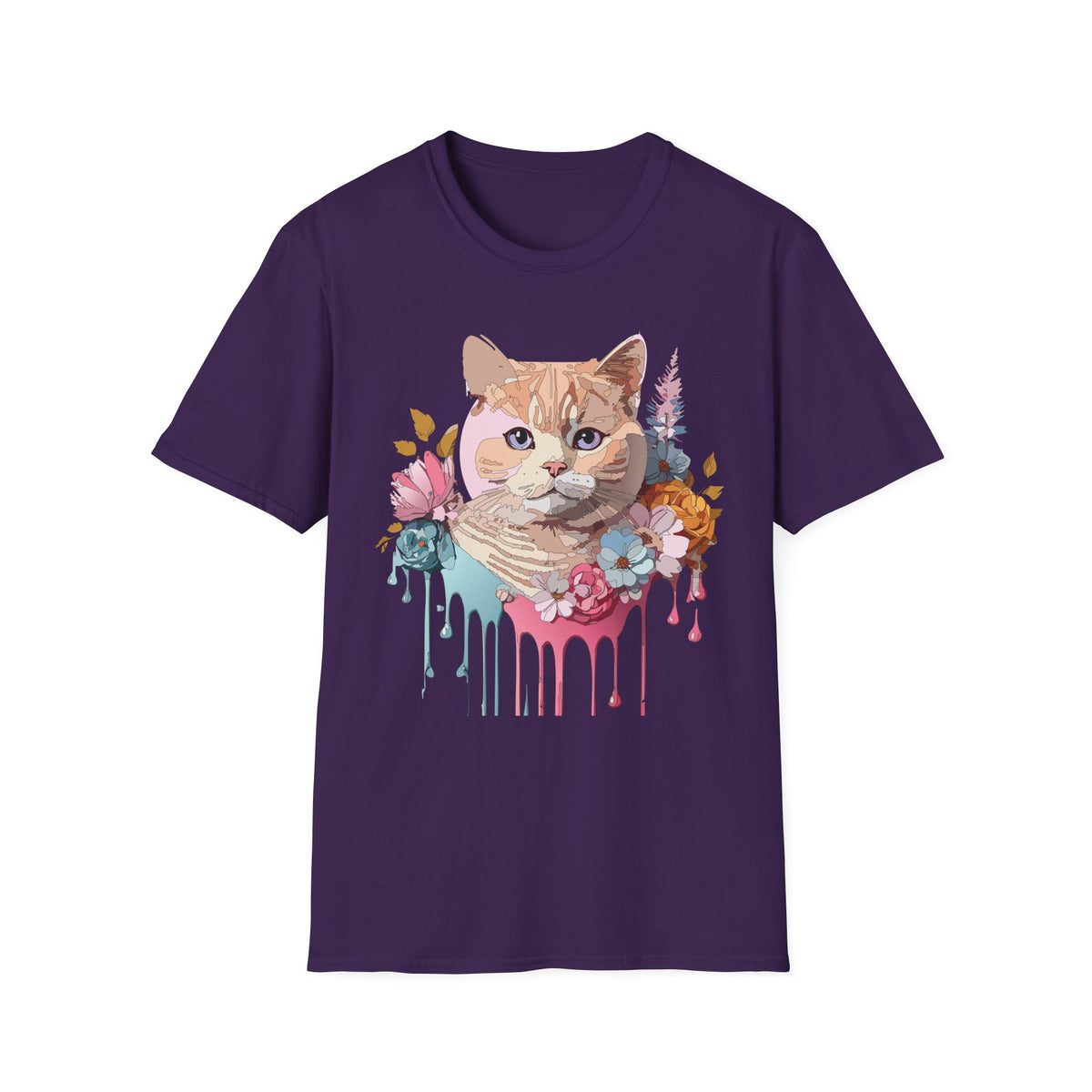 Floral Ginger Cat Portrait T-Shirt | Painted Cat Face with Flowers