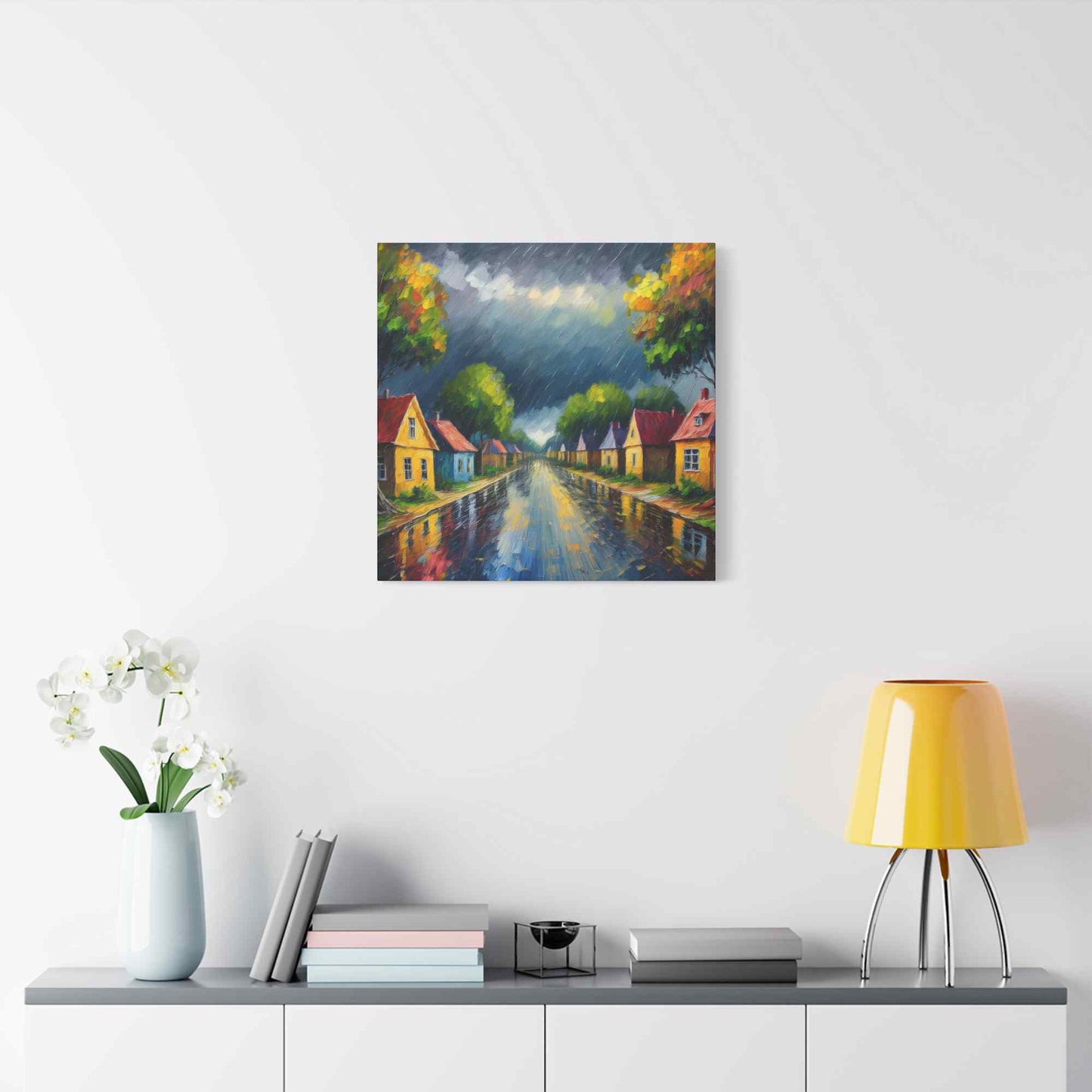 Rainy Village Street Canvas, Matte Oil Paint Print 20x20, 24x24, 30x30, 32x32, 36x36, Art Design Print Non-Frame MC-3