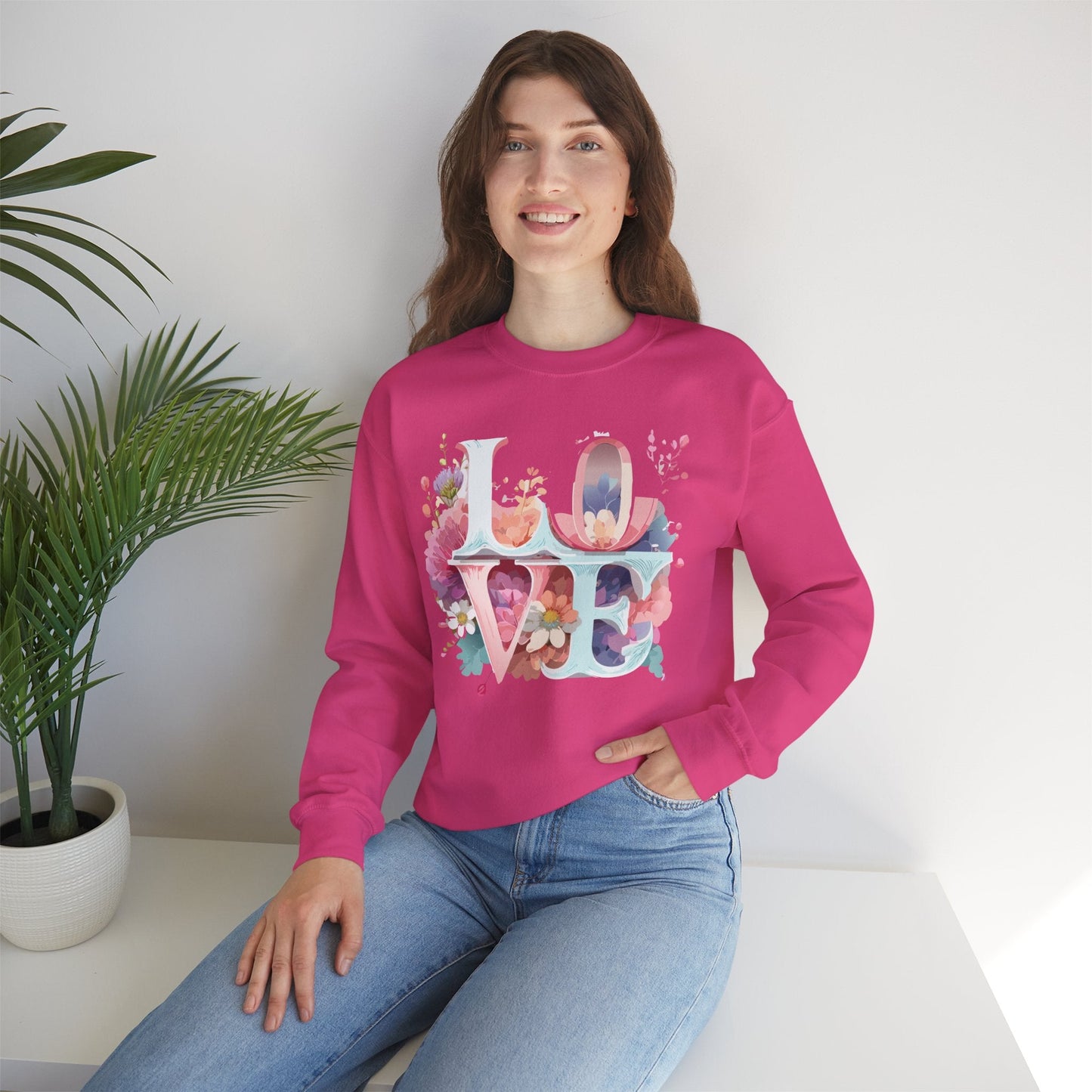 Floral Love Sweatshirt Valentines Day Flower Print Unisex Crewneck Heavy Blend Cotton Polyester