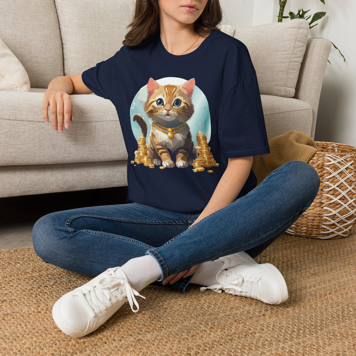 Lucky Cat Illustration T-Shirt | Cute Kitten with Coins