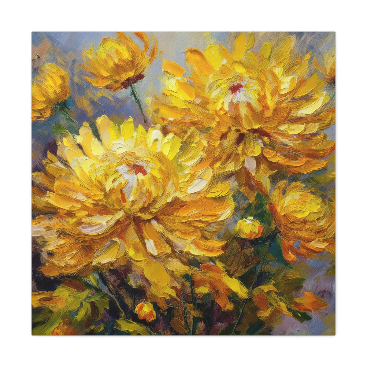 Chrysanthemums Print Canvas, Floral Oil Paint Print 20x20, 24x24, 30x30, 32x32, 36x36 Art Design Pine-Wood Inner Frame MC-164