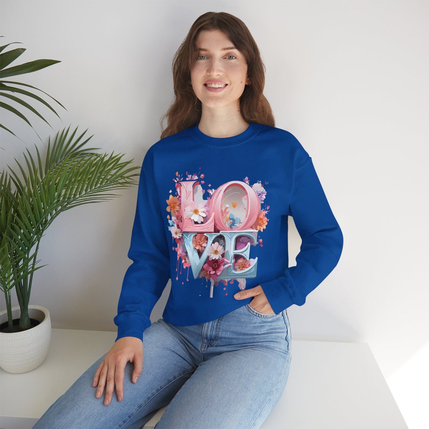 Floral Love Sweatshirt Unisex Love Flower Valentines Day Crewneck Gildan 18000 50 50 Cotton Polyester