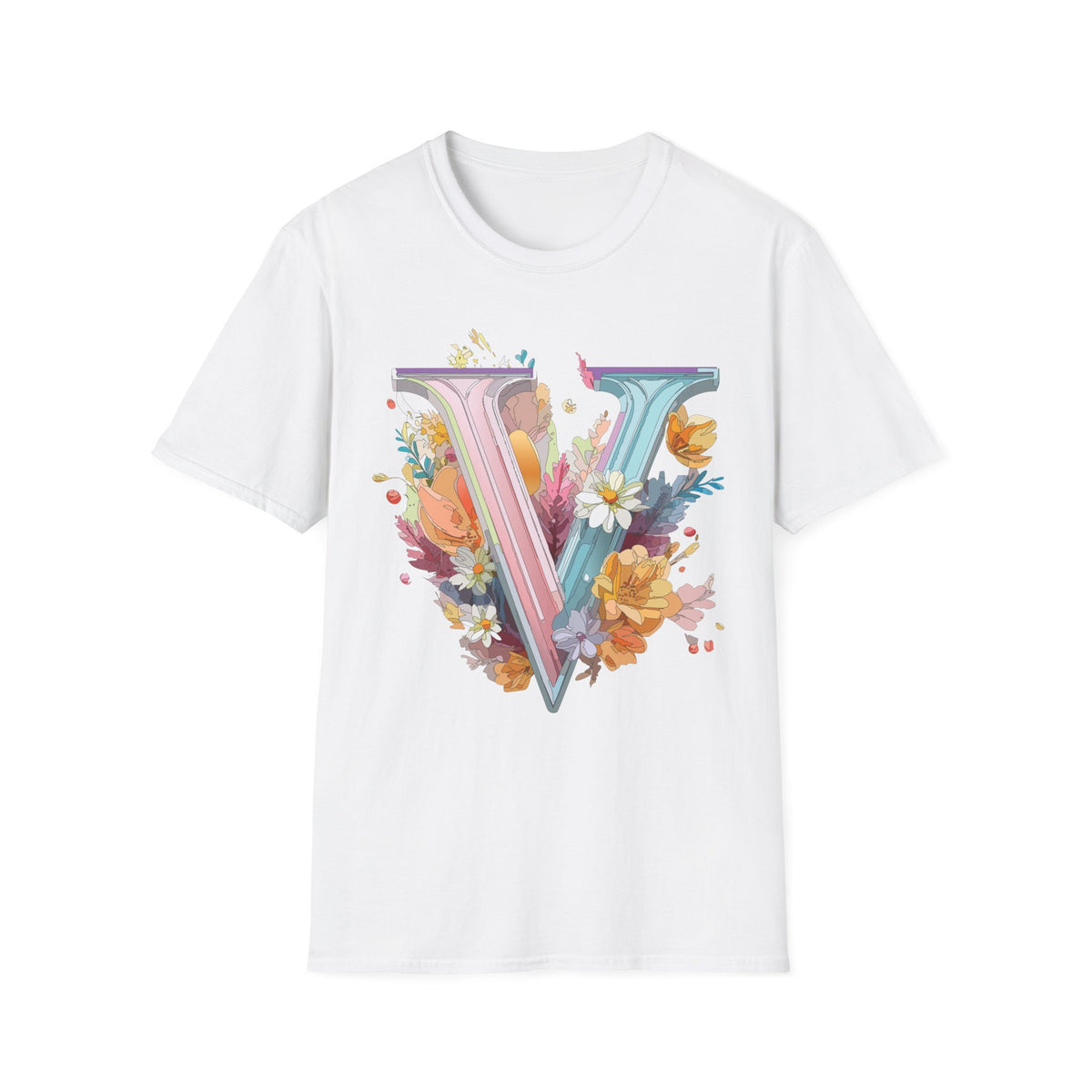 Floral Letter V T-Shirt | Pastel Botanical Initial Tee
