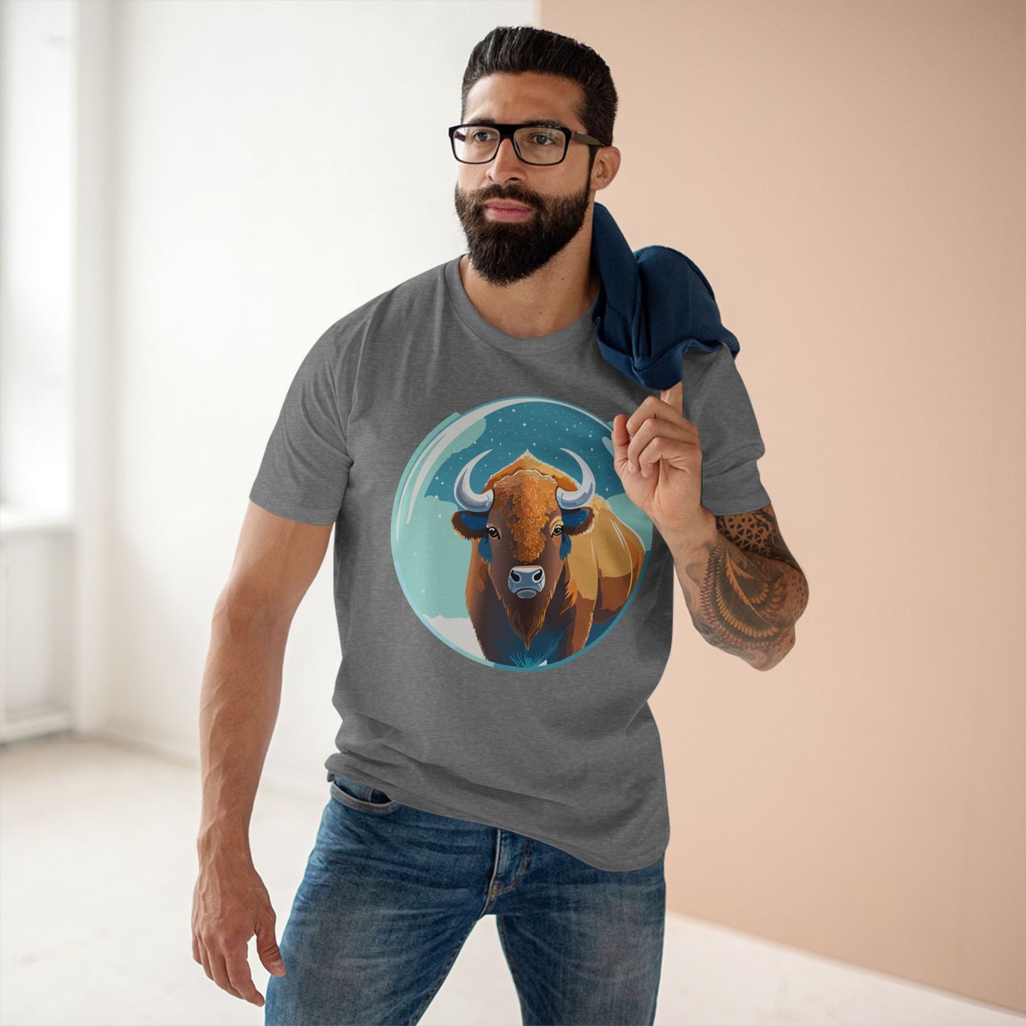 Retro2Nova Bison Art Tee Unisex Premium Cotton Staple Shirt With Original Animal Illustration From Art Collection