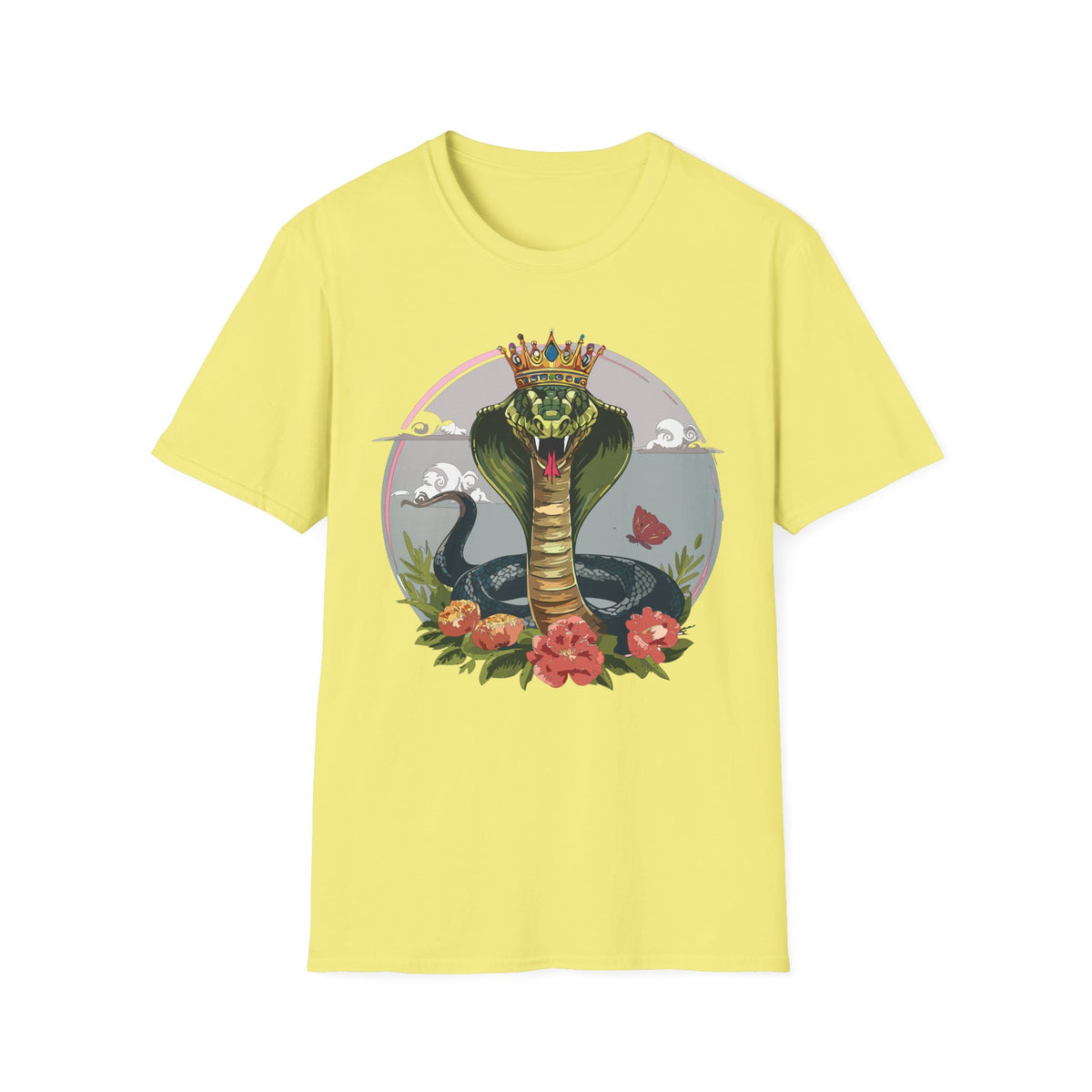 Crowned King Cobra T-Shirt | Snake Illustration, Floral Accent