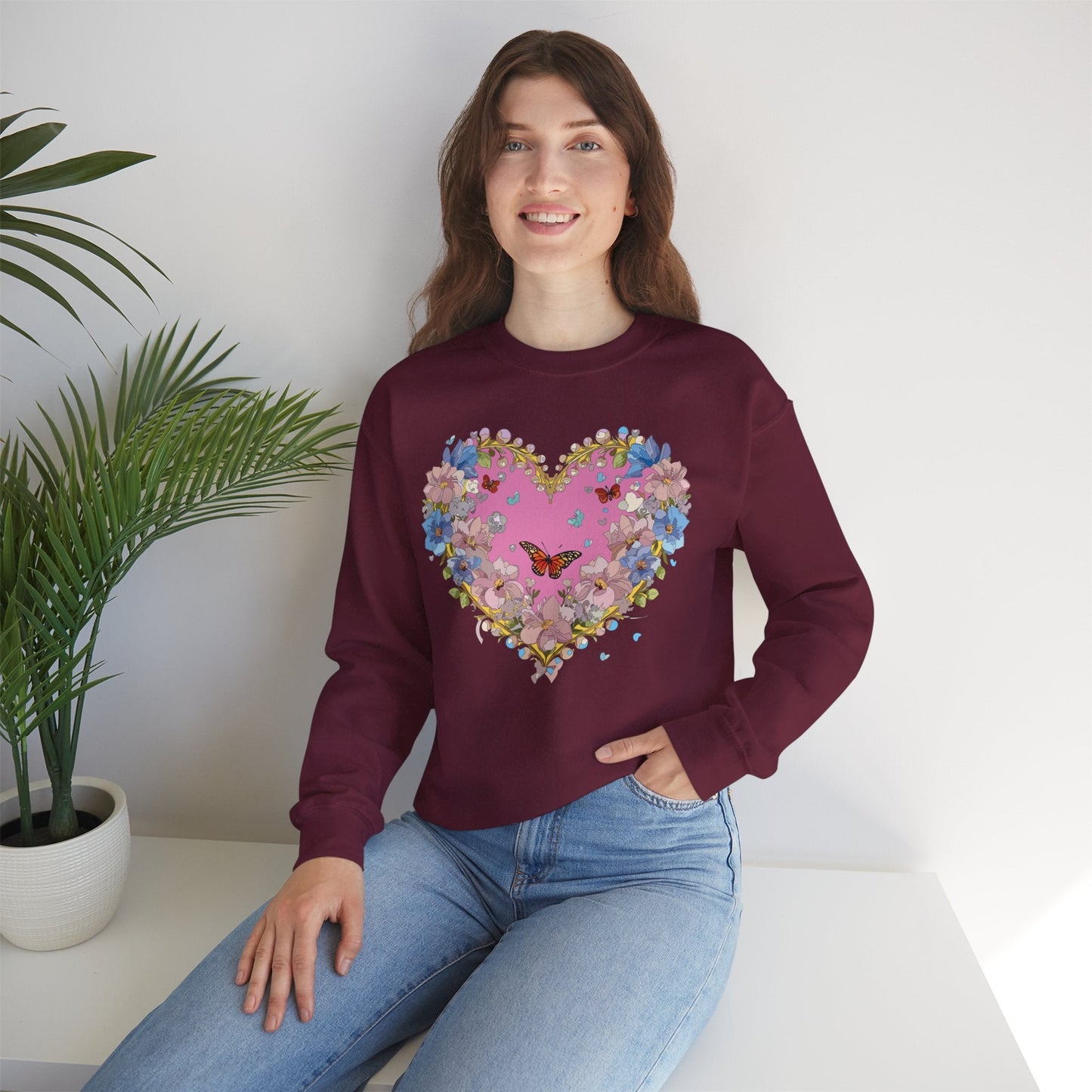 Floral Heart Sweatshirt Unisex Crewneck Gildan 18000 Fifty Fifty Cotton Polyester Valentine's Day