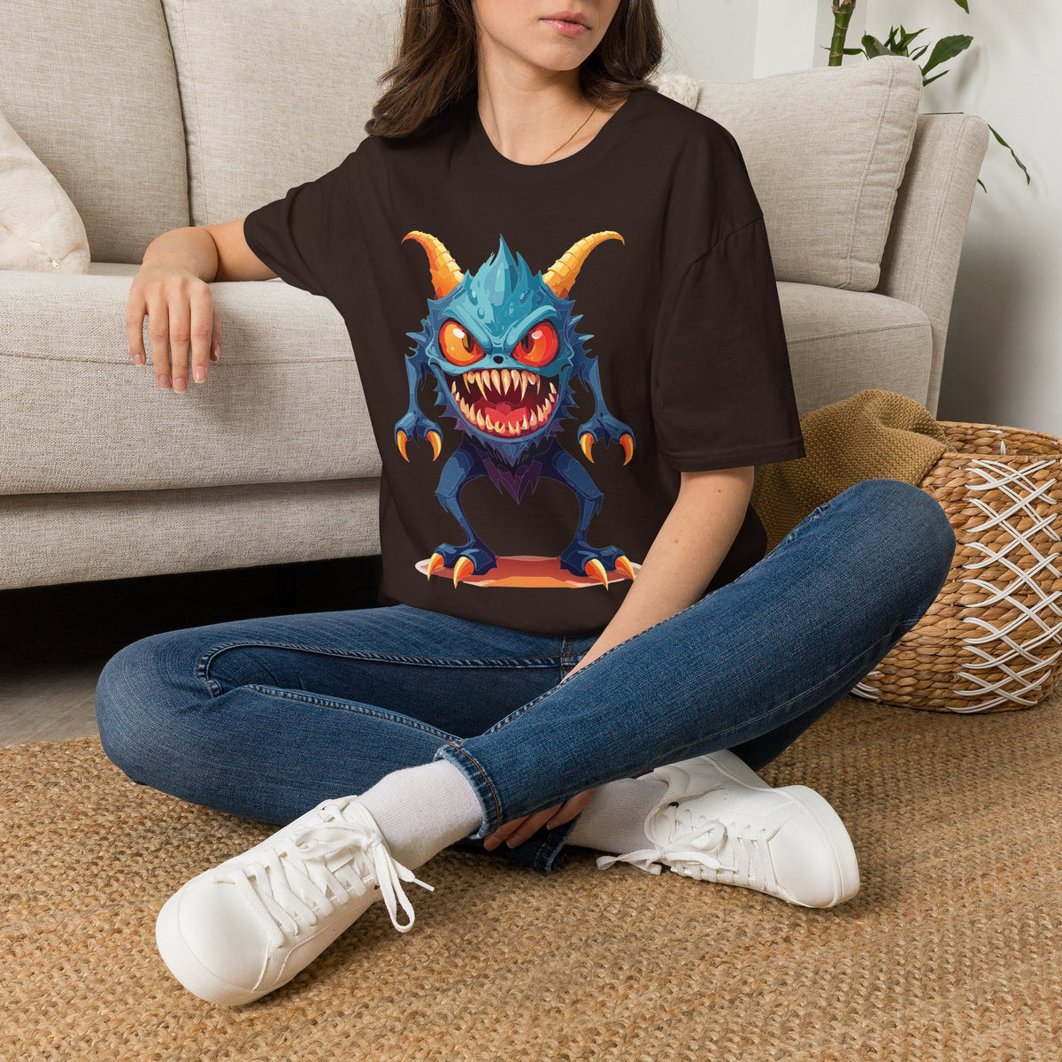 Monster Graphic T-Shirt — Cute Scary Blue Demon Tee for Halloween & Gamer Fans Cartoon Graphic Tee Unisex 100 Cotton Gildan T-Shirt
