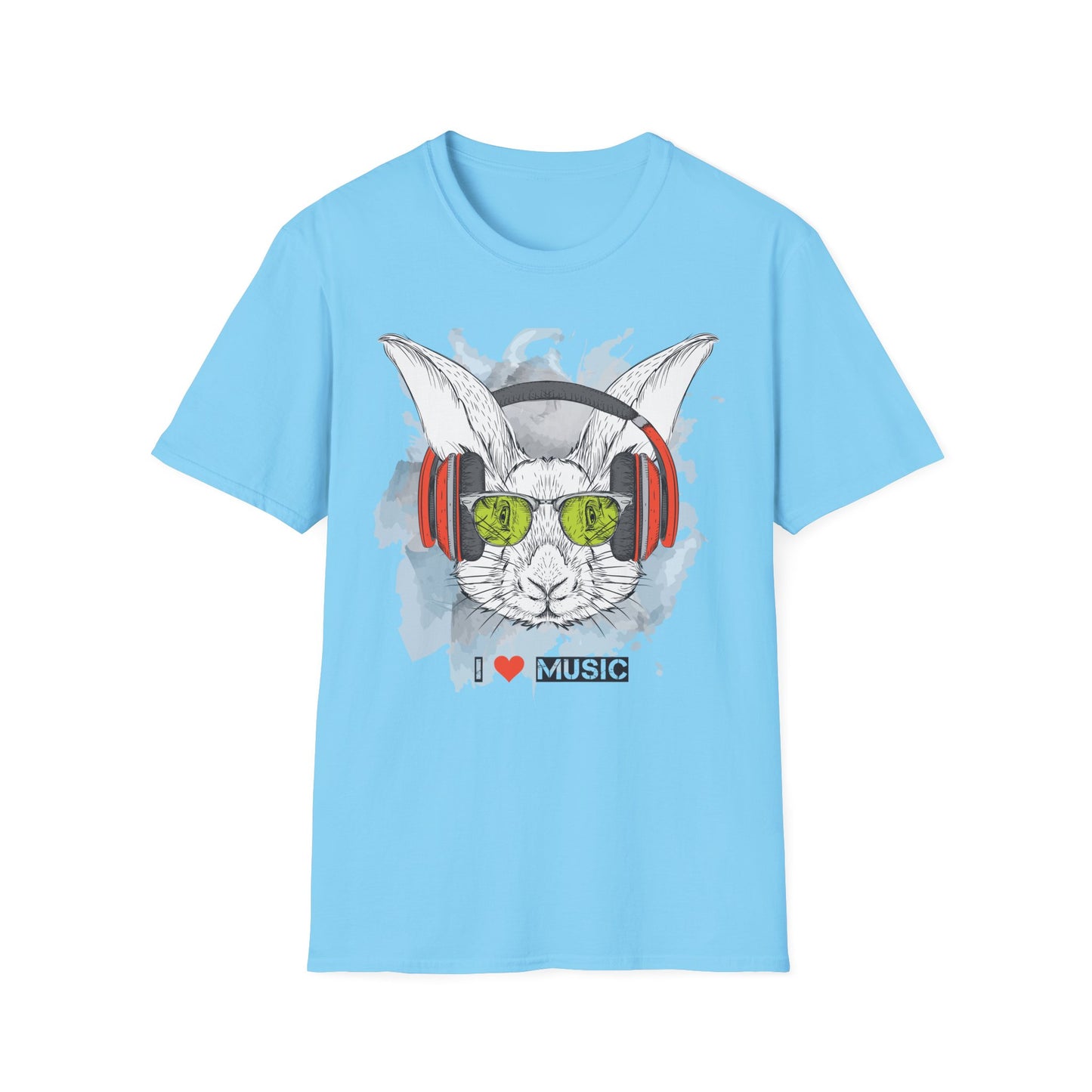Music Bunny T-Shirt Unisex Cotton Short Sleeves I Love Music Rabbit with Headphones Graphic Tee
