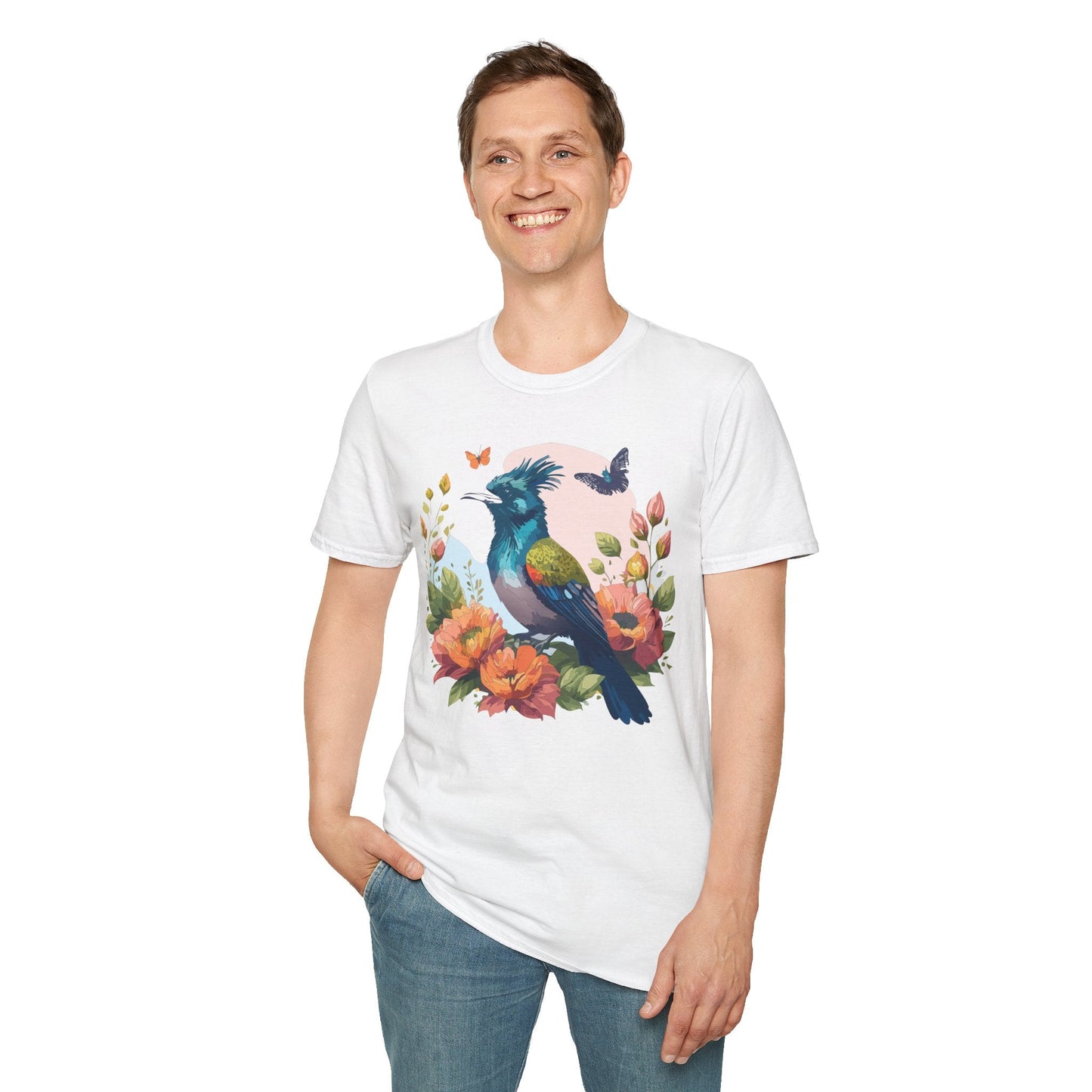 Floral Bird T Shirt Unisex Tee 100 Percent Ring Spun Cotton Softstyle Gildan 64000 Comfort Fit