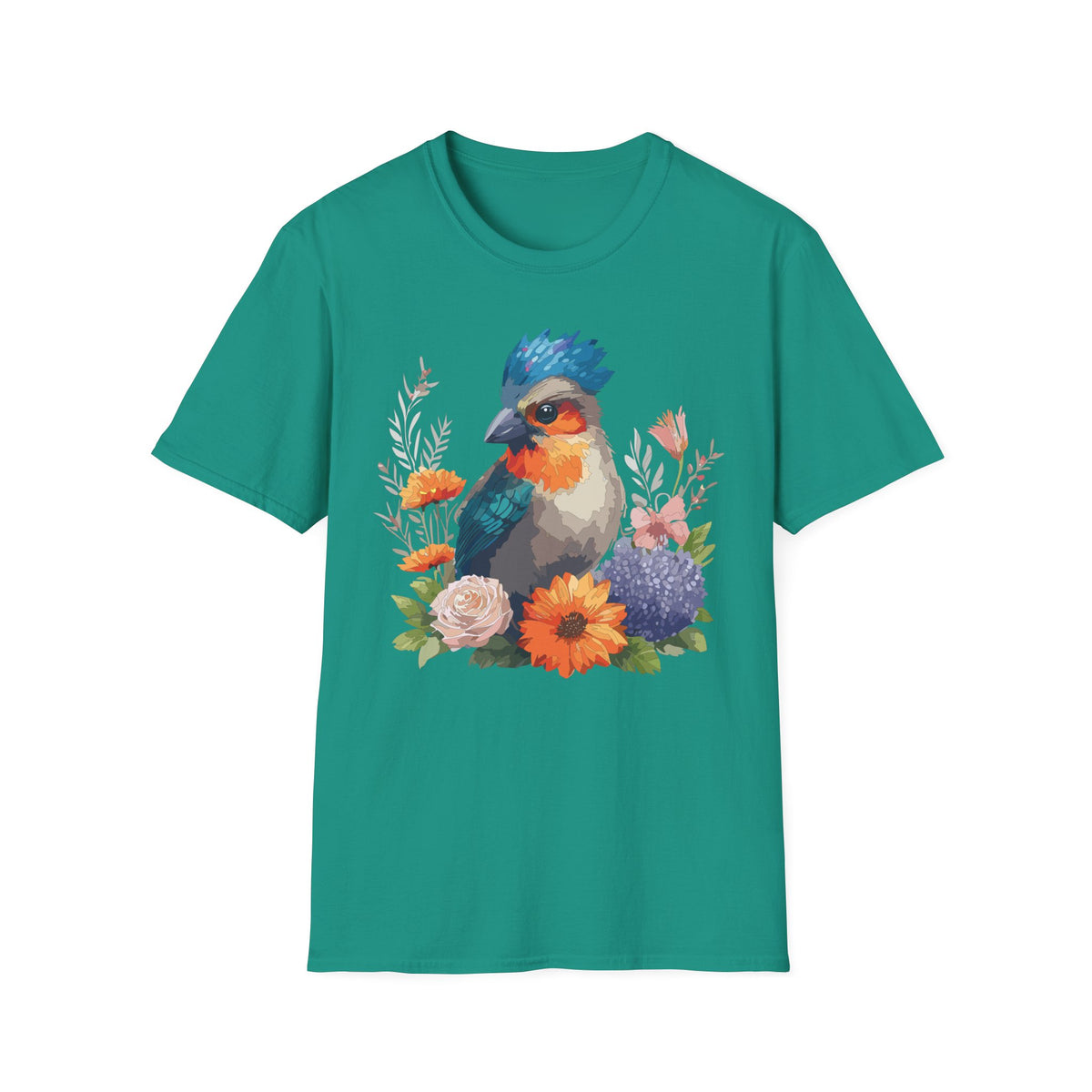 Colorful Crested Bird T-Shirt | Watercolor Floral Illustration