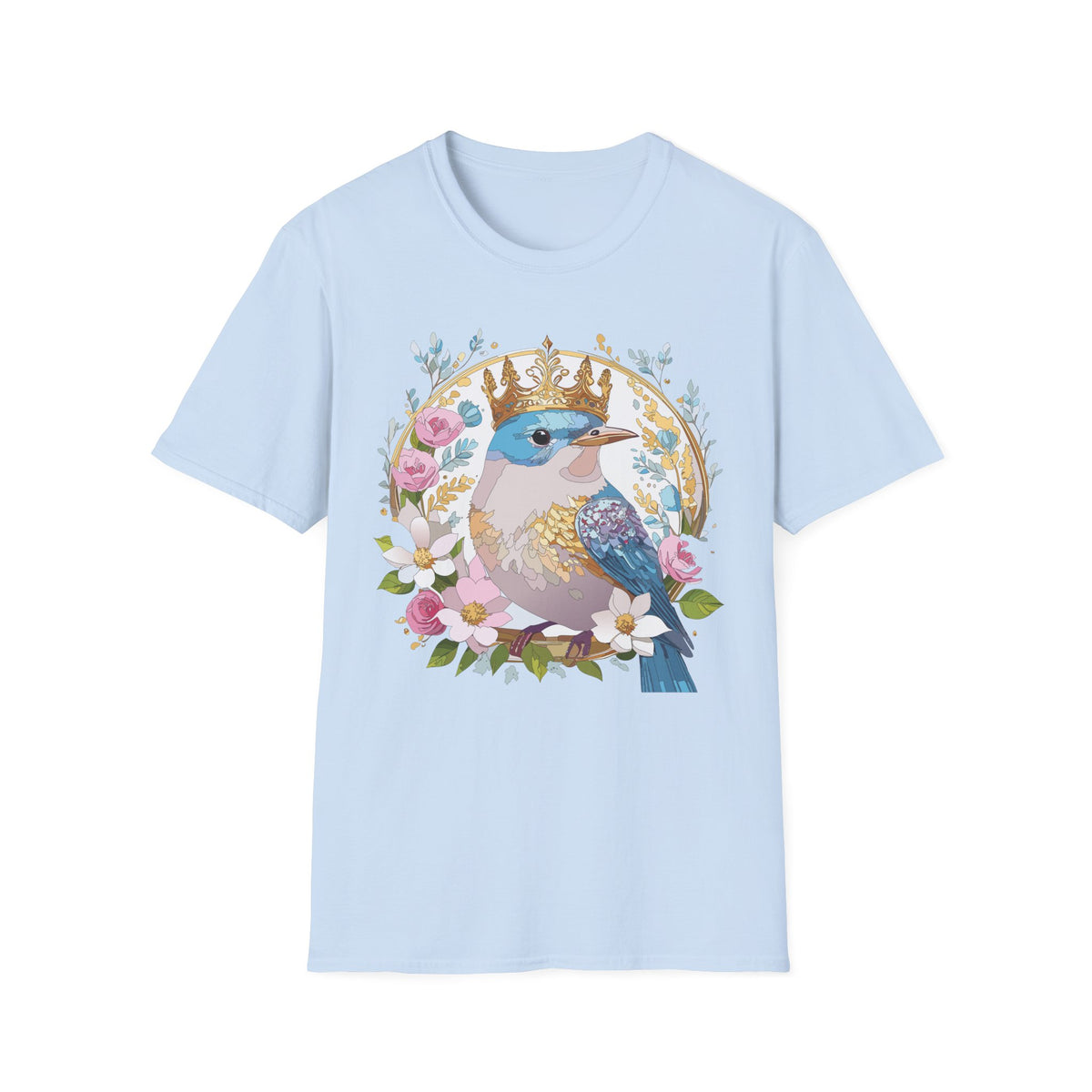 Crowned Bluebird with Floral Wreath T-Shirt | Royal Bird Illustration