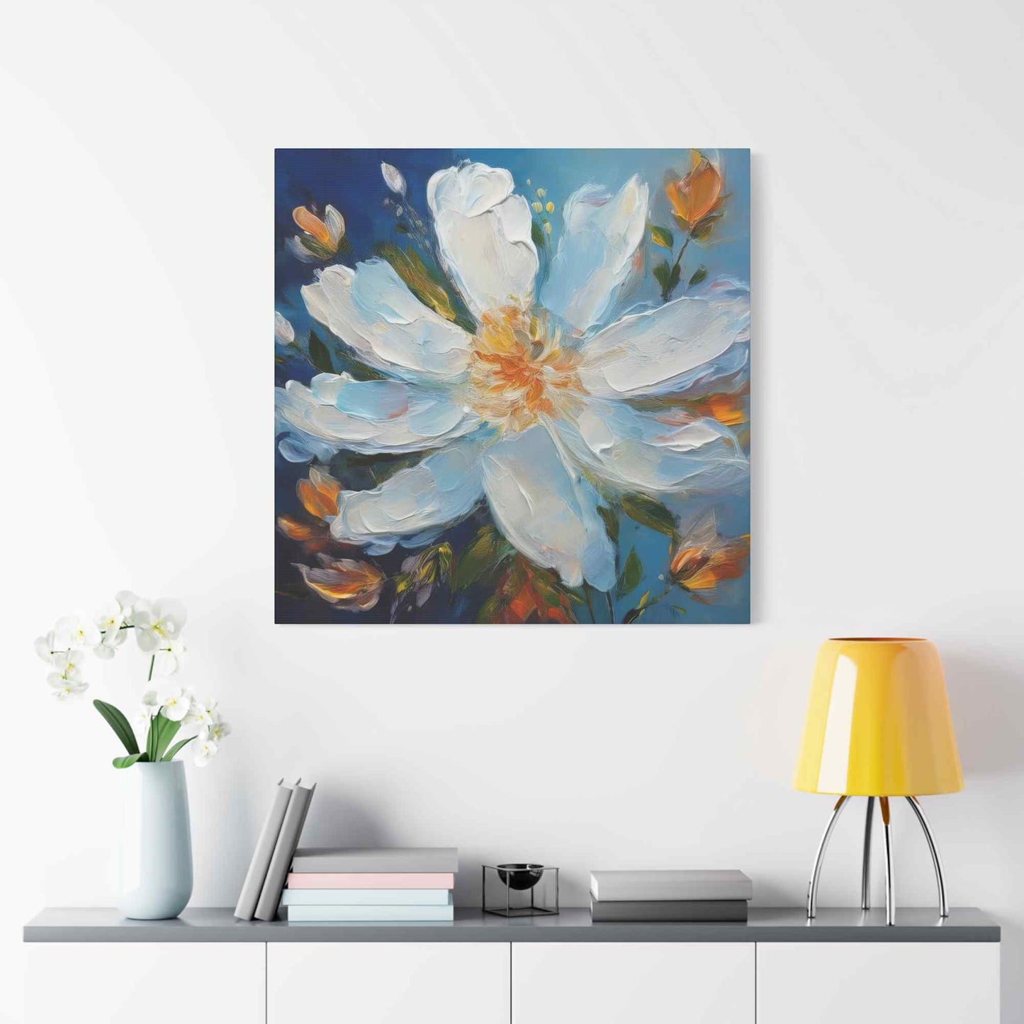 White Flower Print Canvas, White Flower Oil Paint Print 20x20, 24x24, 30x30, 32x32, 36x36, Art Design Print Non-Frame MC-4