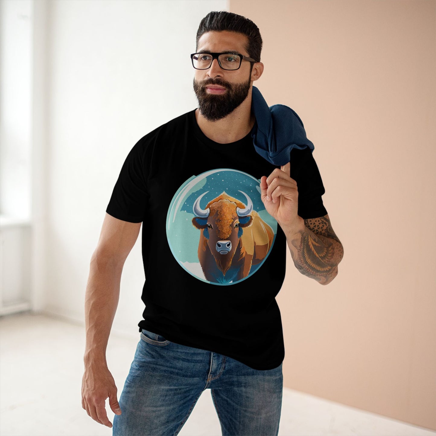 Retro2Nova Bison Art Tee Unisex Premium Cotton Staple Shirt With Original Animal Illustration From Art Collection