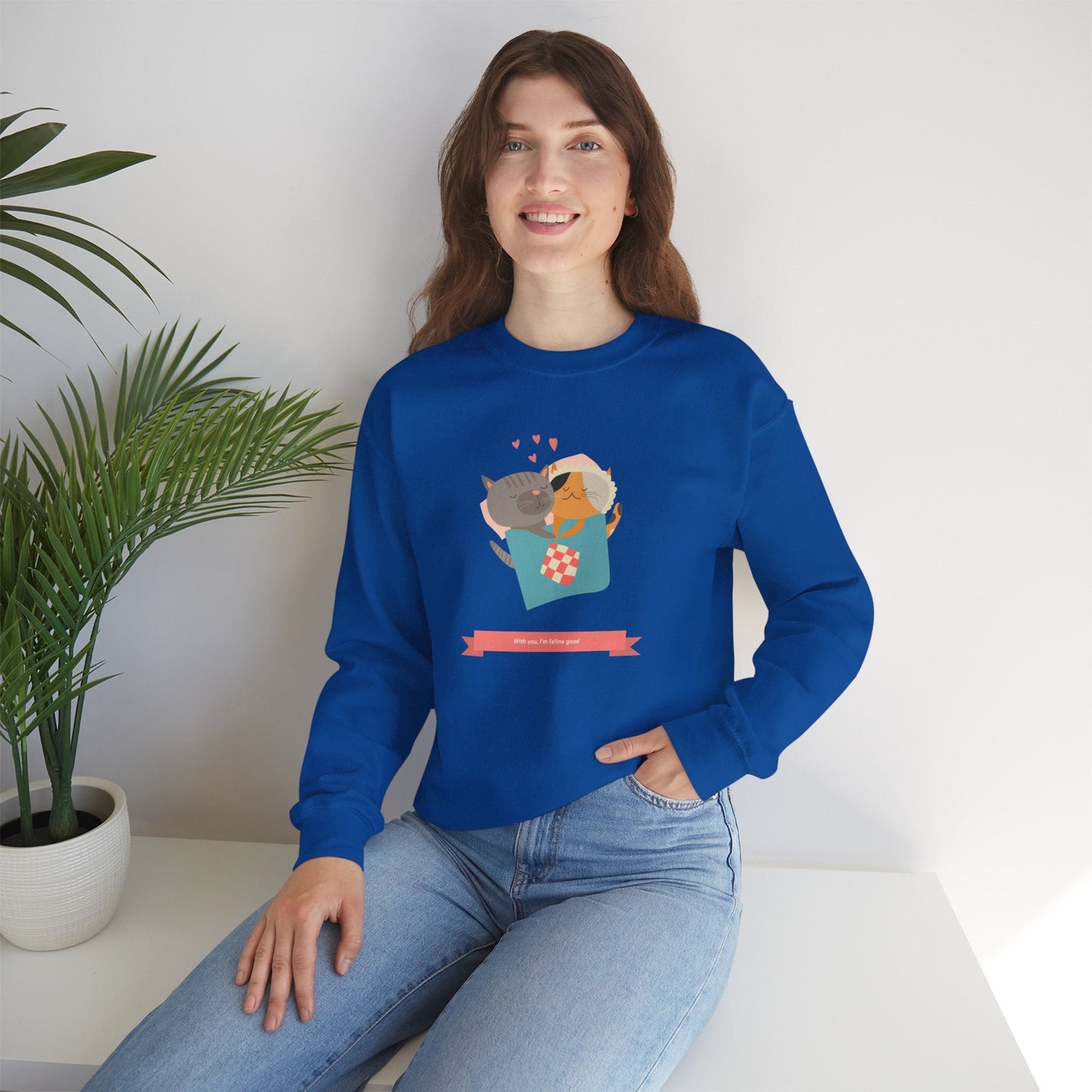 Cat Heart Sweatshirt Unisex Valentines Day 50 50 Cotton Poly Crewneck Gildan 18000