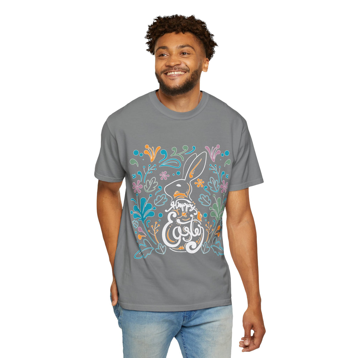 Easter Bunny Floral T-Shirt, Tee Shirt with Easter Signature, T Shirt with Easter Prints, Tee Shirt with Easter Design
