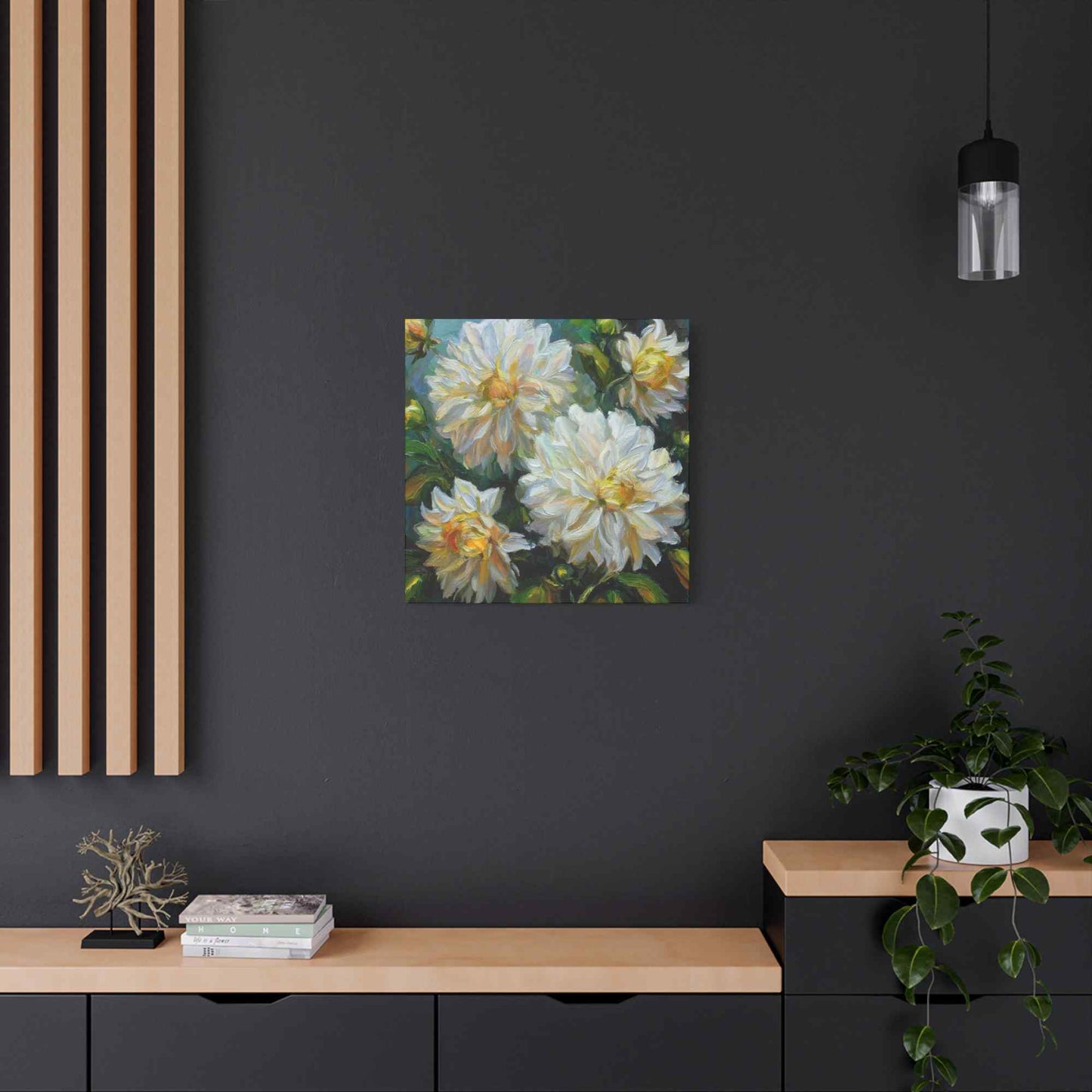 White Dahlias Print Canvas, Floral Oil Paint Print 20x20, 24x24, 30x30, 32x32, 36x36 Art Design Pine-Wood Inner Frame MC-169