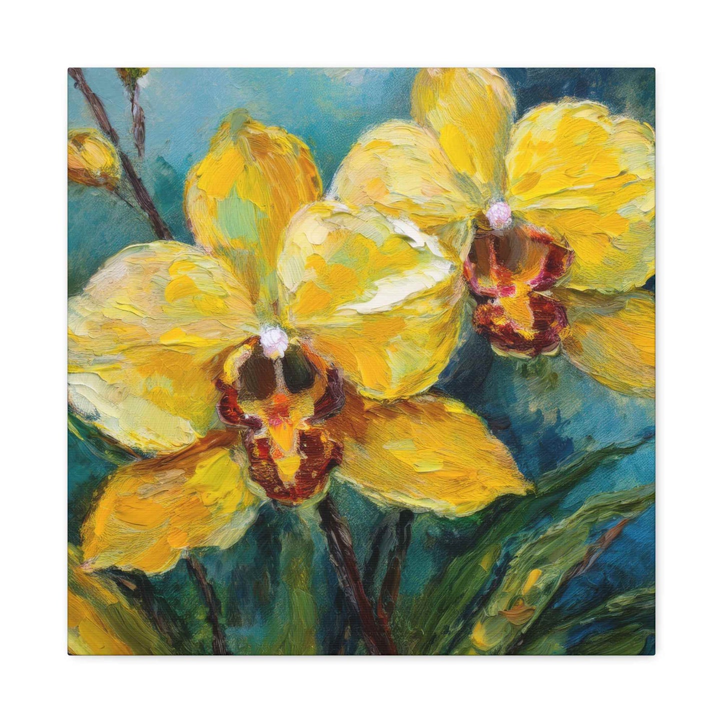 Yellow Orchids Print Canvas, Floral Oil Paint Print 20x20, 24x24, 30x30, 32x32, 36x36 Art Design Pine-Wood Inner Frame MC-139