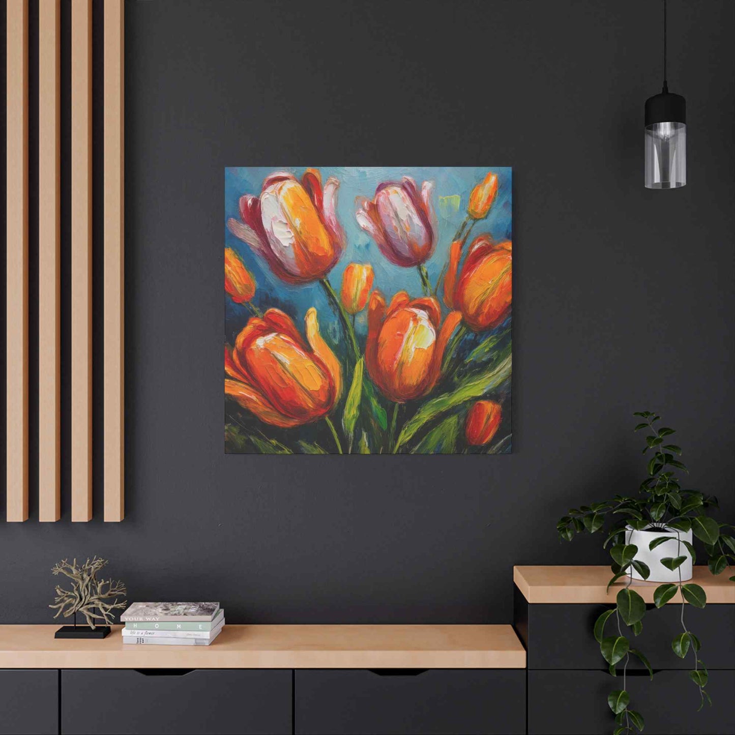Tulips Print Canvas, Floral Oil Paint Print 20x20, 24x24, 30x30, 32x32, 36x36 Art Design Pine-Wood Inner Frame MC-145