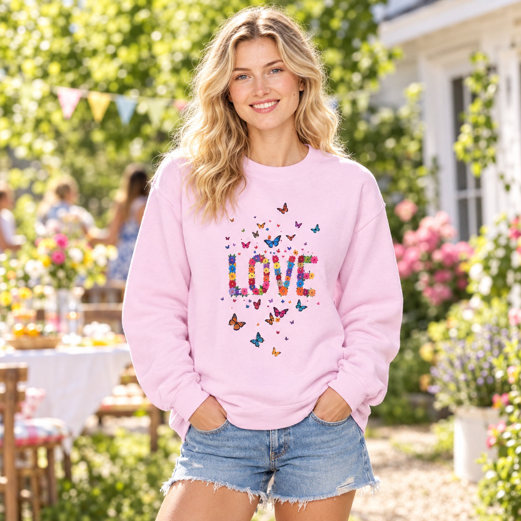 Unisex Floral Love Sweatshirt, Love Floral Sweatshirt, Floral Butterfly Sweatshirt, 50/50 Cotton-Poly Valentine's Day Sweatshirt 06
