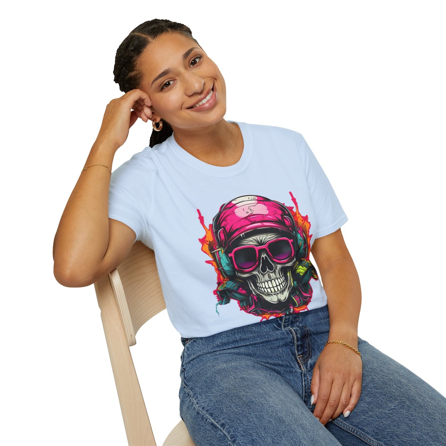 Unisex Skull Tee Shirt With Skeleton Design Gildan Softstyle 64000 Ring Spun Cotton